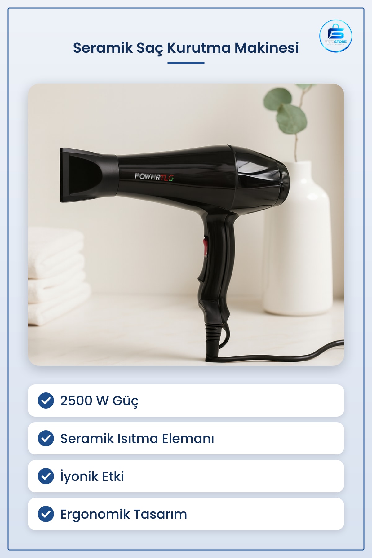 Saç Kurutma Makinesi 2500W Seramik Isıtıcılı İyonik Hızlı Ev ve Profesyonel Kullanım Ergonomik