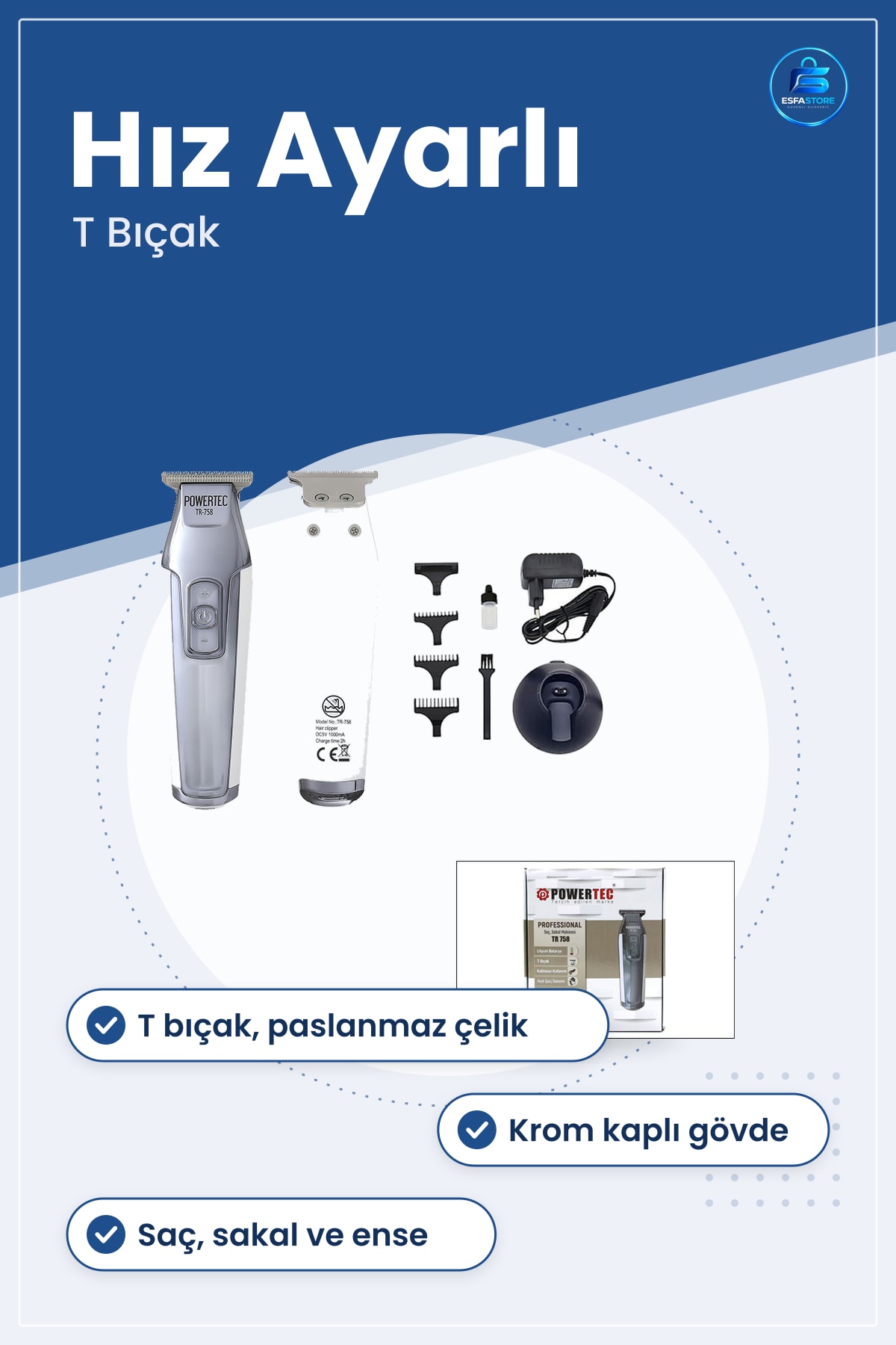 Tıraş Makinesi Şarjlı T Bıçak Saç Sakal Ense Hız Ayarlı Krom Kaplı Paslanmaz Çelik Kuaför Konforlu