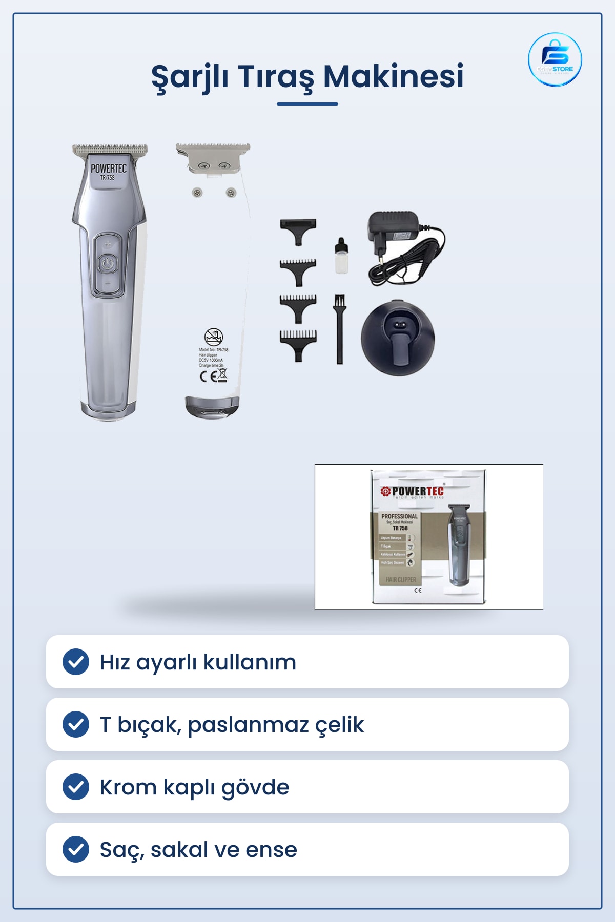Tıraş Makinesi Şarjlı T Bıçak Saç Sakal Ense Hız Ayarlı Krom Kaplı Paslanmaz Çelik Kuaför Konforlu