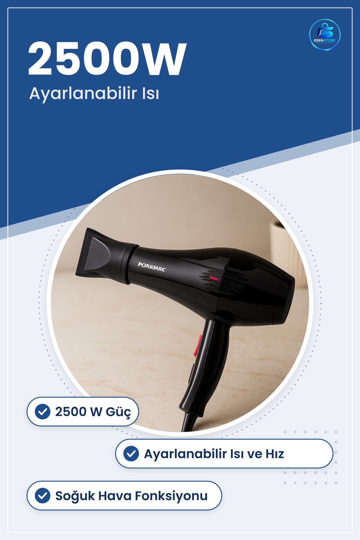 Saç Kurutma Makinesi 2500W Profesyonel Fön Ayarlanabilir Isı ve Hız Kademeli Soğuk Hava