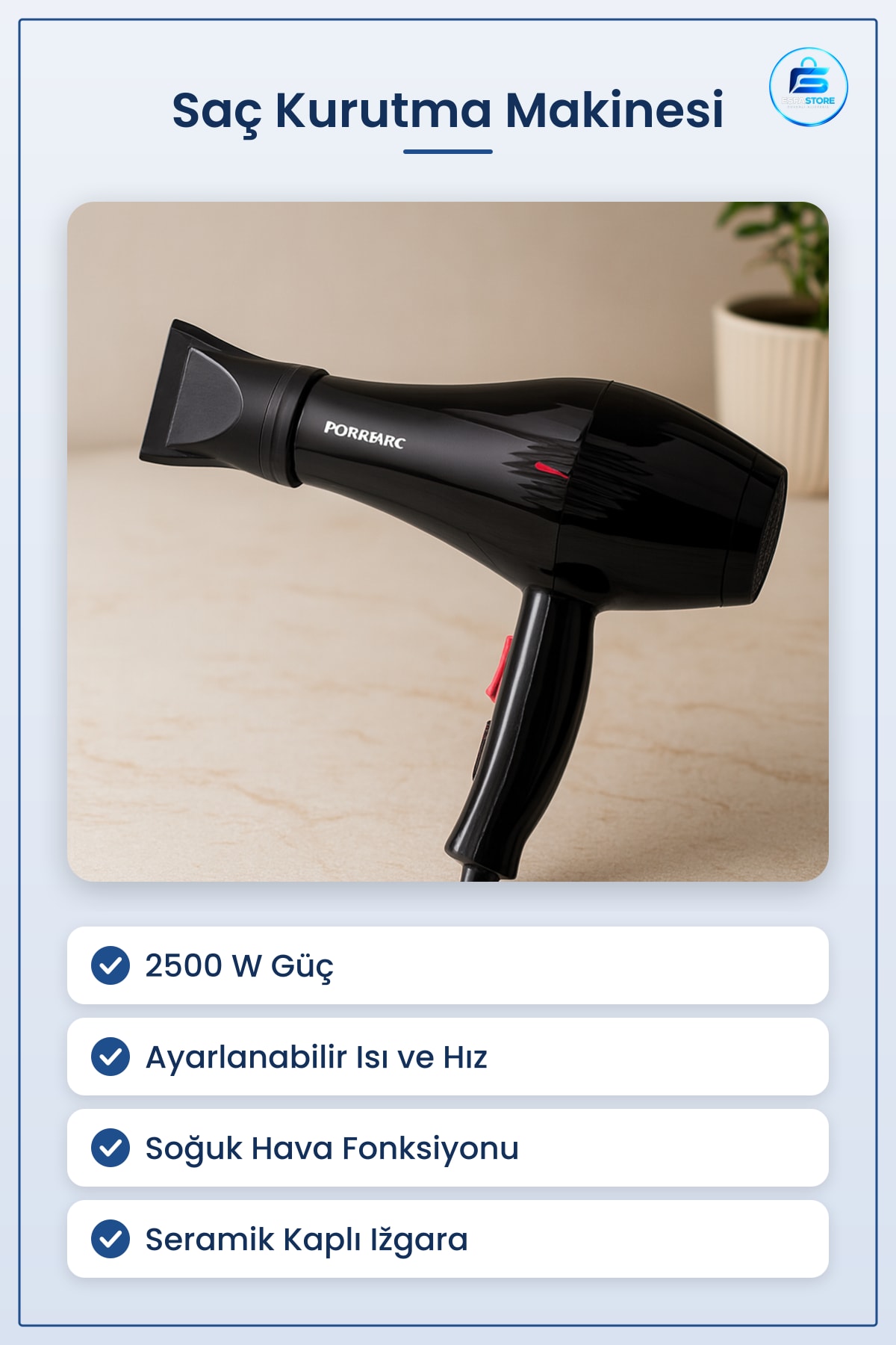 Saç Kurutma Makinesi 2500W Profesyonel Fön Ayarlanabilir Isı ve Hız Kademeli Soğuk Hava