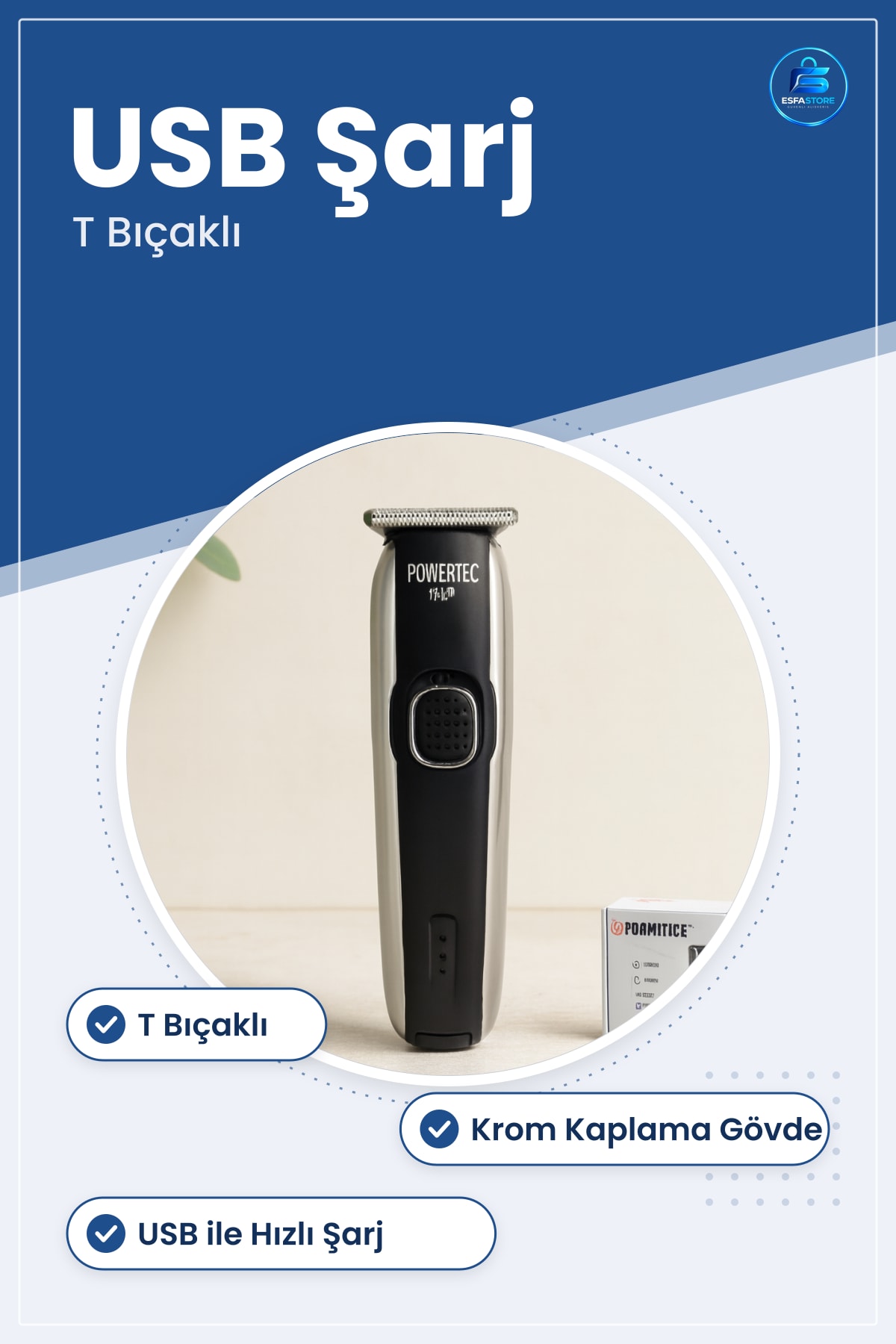 Tıraş Makinesi Saç Sakal Ense Çizim USB Şarjlı T Bıçaklı Krom Gövde Berber Kişisel Bakım Aleti