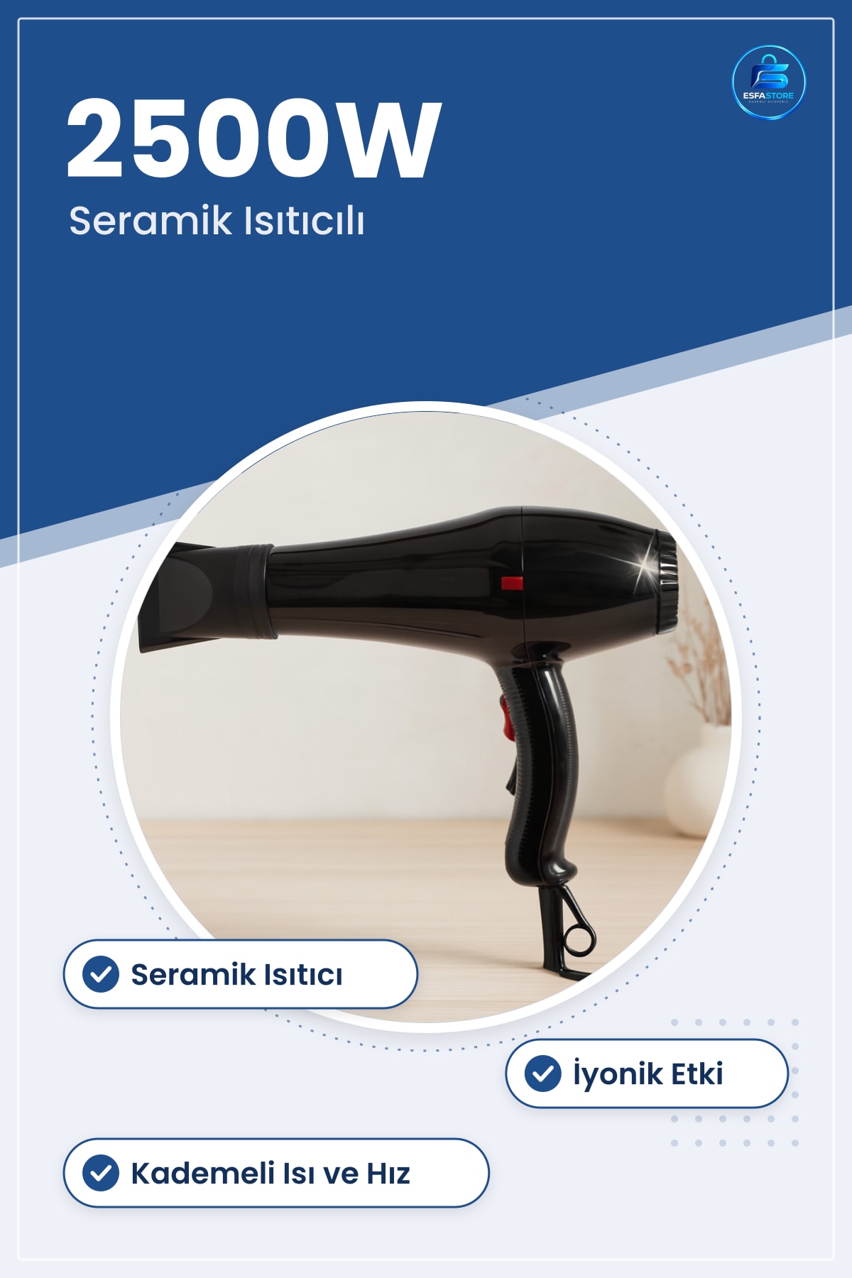 Saç Kurutma Makinesi 2500W Seramik Isıtıcılı İyonik Hızlı Fön Ayarlanabilir Kademeli Soğuk Hava