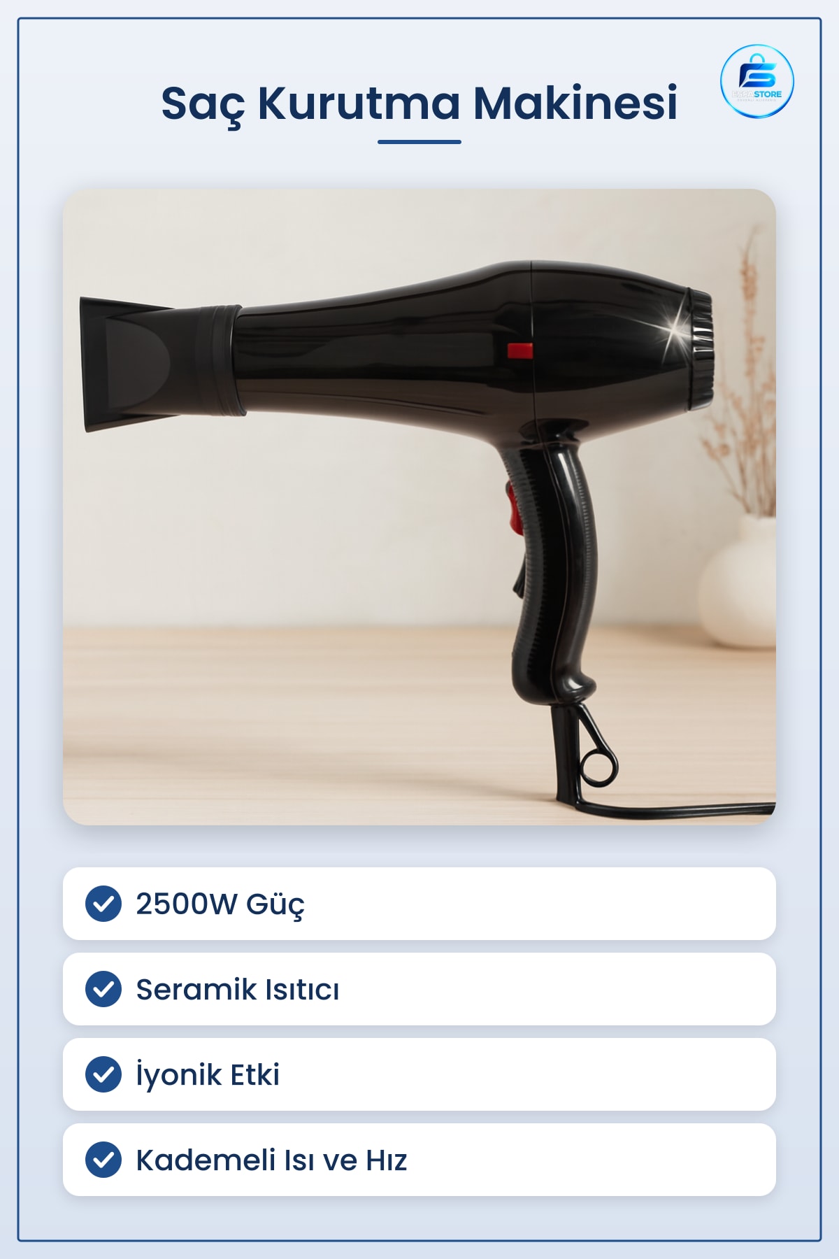 Saç Kurutma Makinesi 2500W Seramik Isıtıcılı İyonik Hızlı Fön Ayarlanabilir Kademeli Soğuk Hava