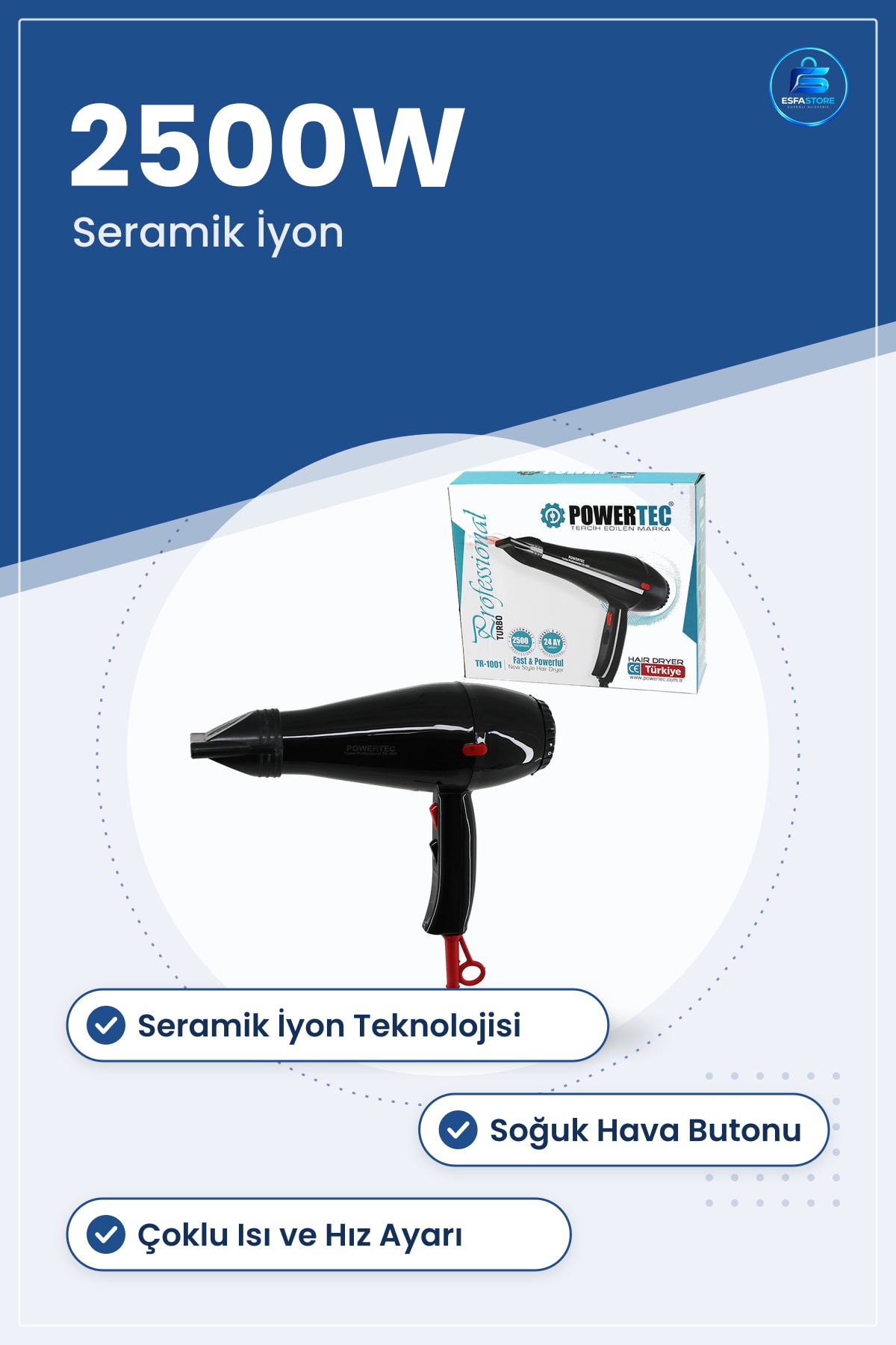 Saç Kurutma Makinesi 2500W Profesyonel Seramik İyon Teknolojili Hızlı Fön Sojuğuk Hava Ayarlı