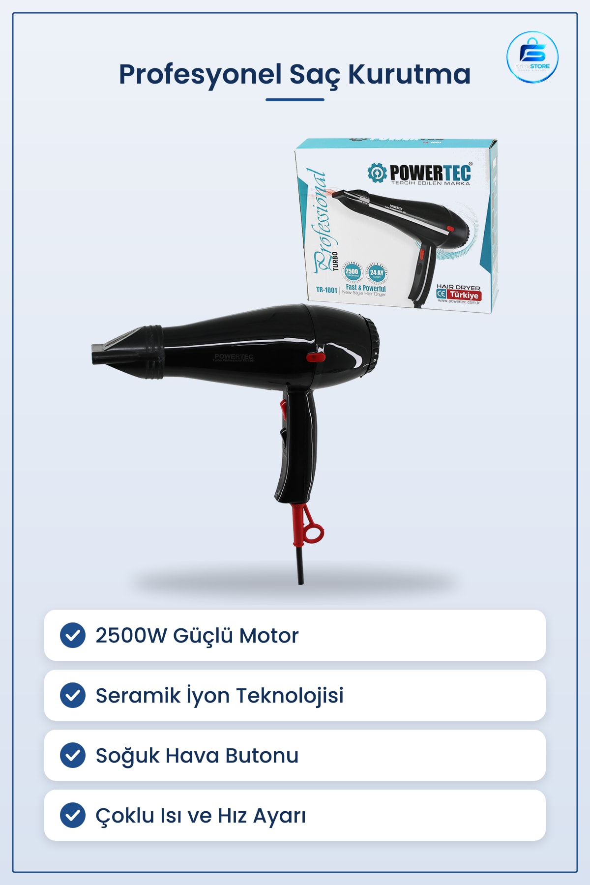 Saç Kurutma Makinesi 2500W Profesyonel Seramik İyon Teknolojili Hızlı Fön Sojuğuk Hava Ayarlı