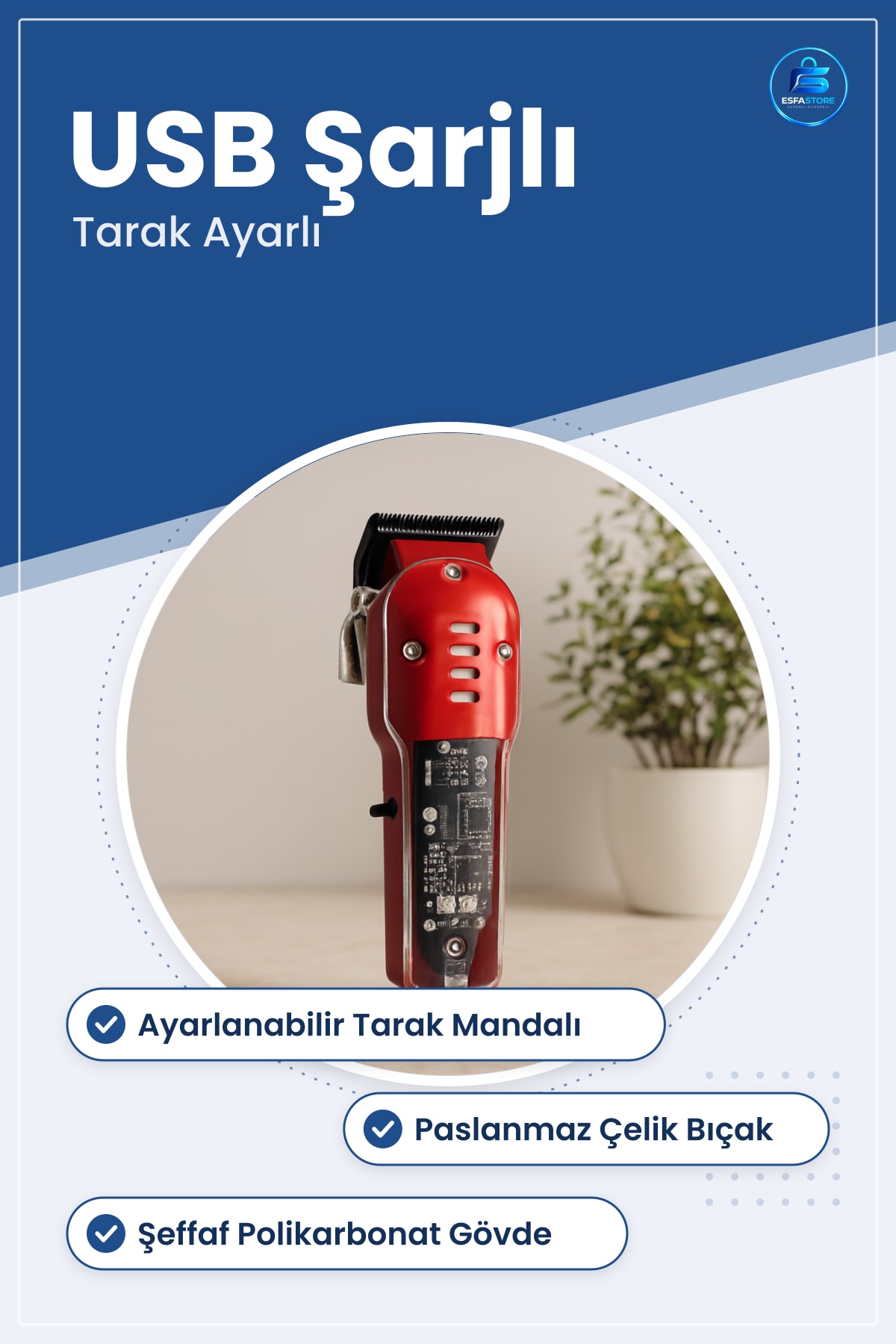 Tıraş Makinesi Saç ve Sakal USB Şarjlı Şeffaf Gövde Paslanmaz Bıçak Tarak Ayarlı Kişisel Bakım