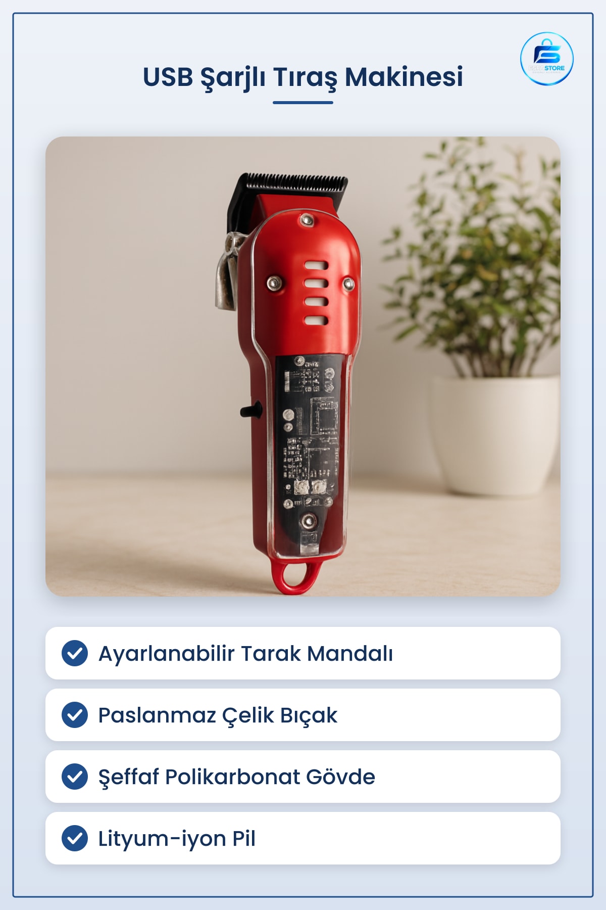 Tıraş Makinesi Saç ve Sakal USB Şarjlı Şeffaf Gövde Paslanmaz Bıçak Tarak Ayarlı Kişisel Bakım