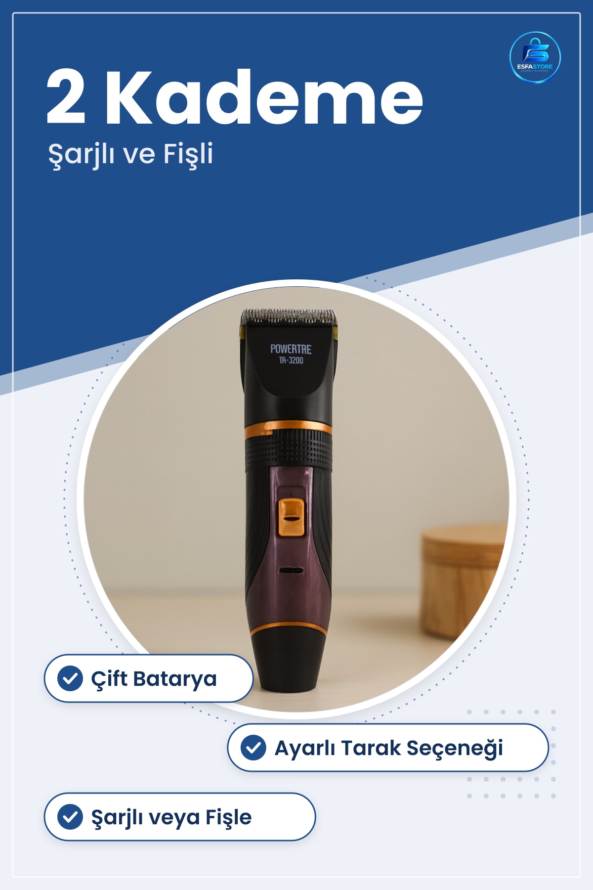 Saç ve Sakal Tıraş Makinesi Çift Bataryalı Tarak Ayarlı Şarjlı Fişle Kullanım 2 Kademe Hız