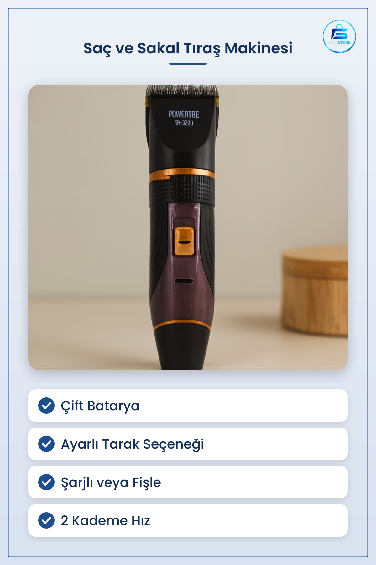 Saç ve Sakal Tıraş Makinesi Çift Bataryalı Tarak Ayarlı Şarjlı Fişle Kullanım 2 Kademe Hız