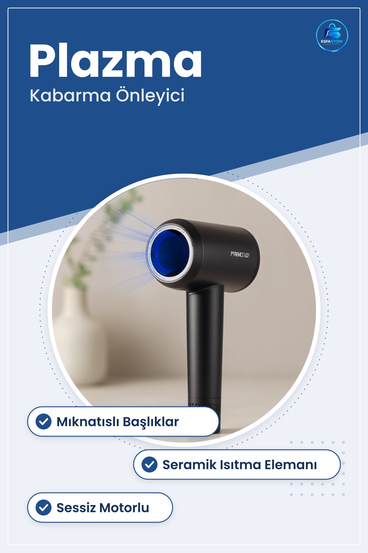 Saç Kurutma Makinesi Plazma ve Ionic Mıknatısılı Başlıklı Sessiz Motorlu Kabarma Önleyici
