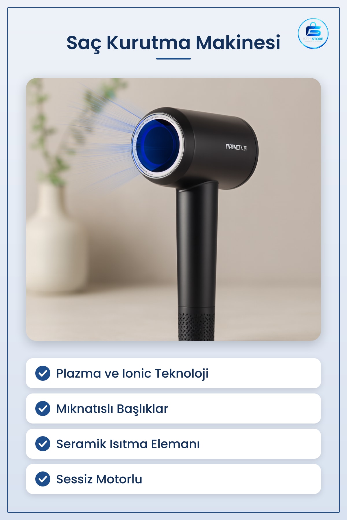 Saç Kurutma Makinesi Plazma ve Ionic Mıknatısılı Başlıklı Sessiz Motorlu Kabarma Önleyici