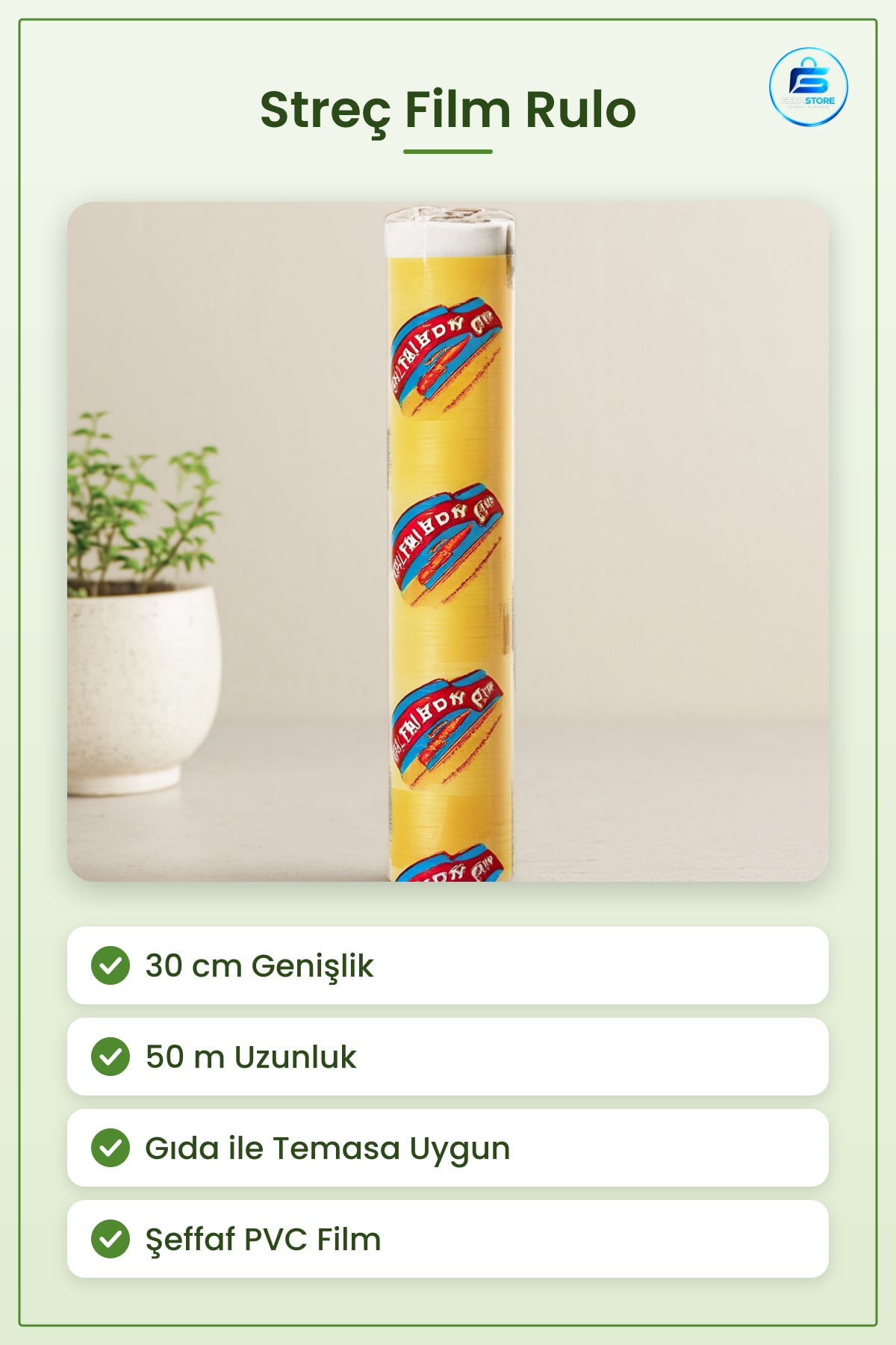 Streç Film 30 cm x 50 m Gıda ile Temasa Uygun PVC Şeffaf Mutfak Sarma Filmi Kafe Restoran