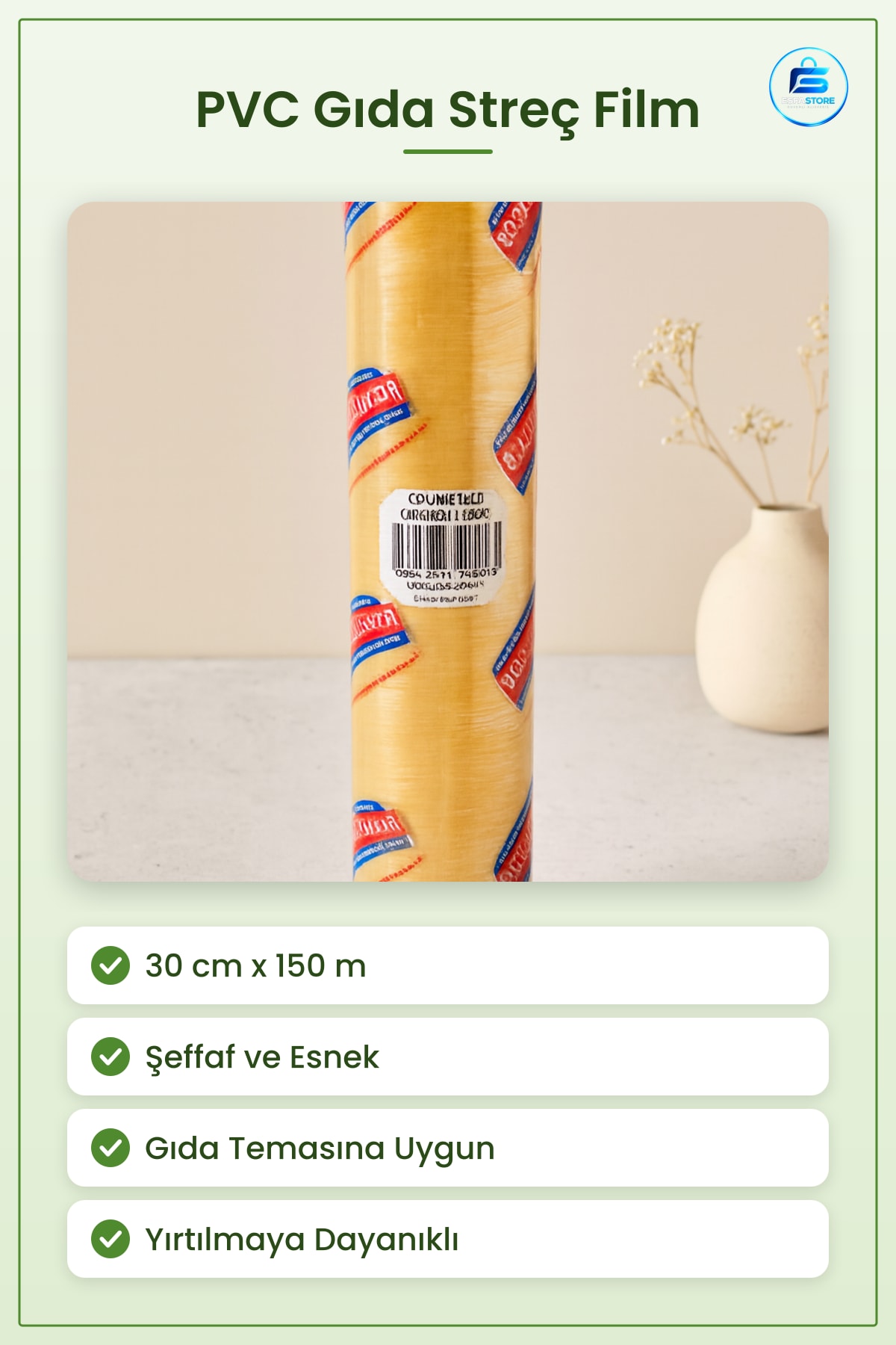PVC Gıda Streç Film 30cm x 150m Mutfak Sarf Malzemesi Ev ve Restoran İçin Şeffaf Esnek