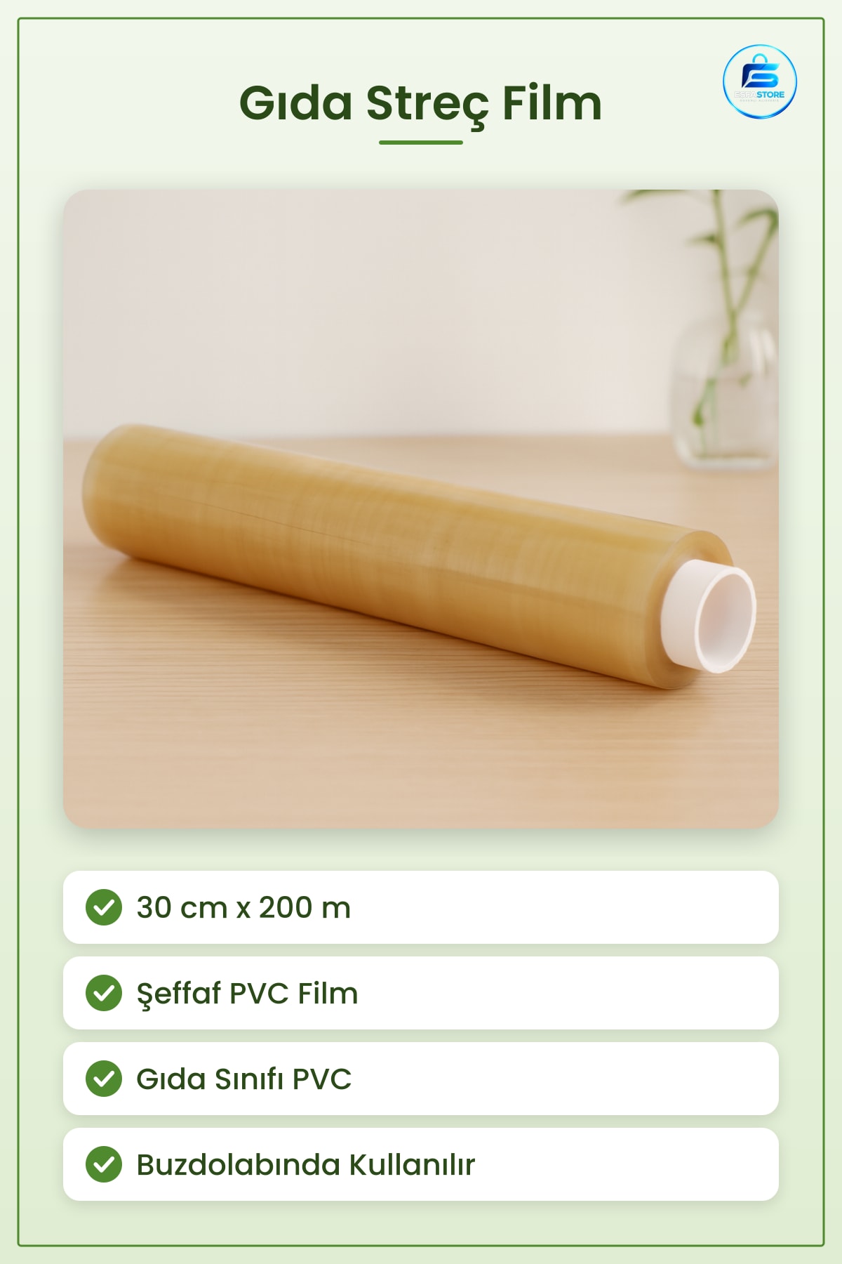 Gıda Streç Film PVC 30 cm x 200 m Şeffaf Mutfak Sarma Filmi Restoran Catering Ev Kullanımı