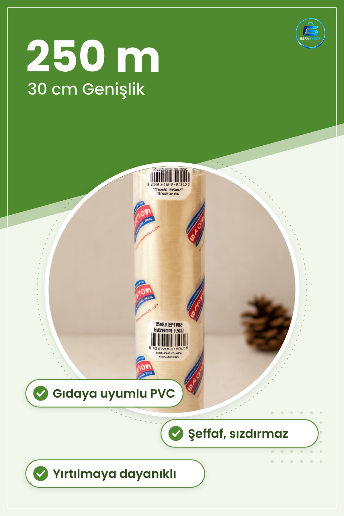 PVC Streç Film 30 cm x 250 m Gıda ile Uyumlu Şeffaf Mutfak Yiyecek Saklama Rulosu Sızdırmaz