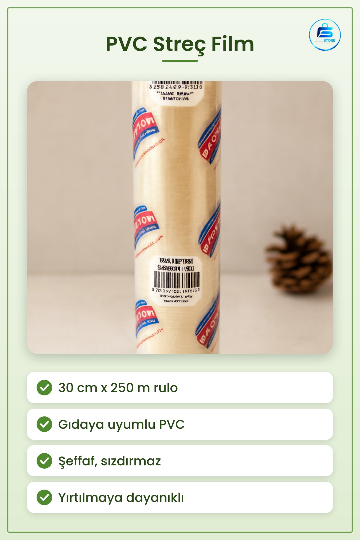 PVC Streç Film 30 cm x 250 m Gıda ile Uyumlu Şeffaf Mutfak Yiyecek Saklama Rulosu Sızdırmaz