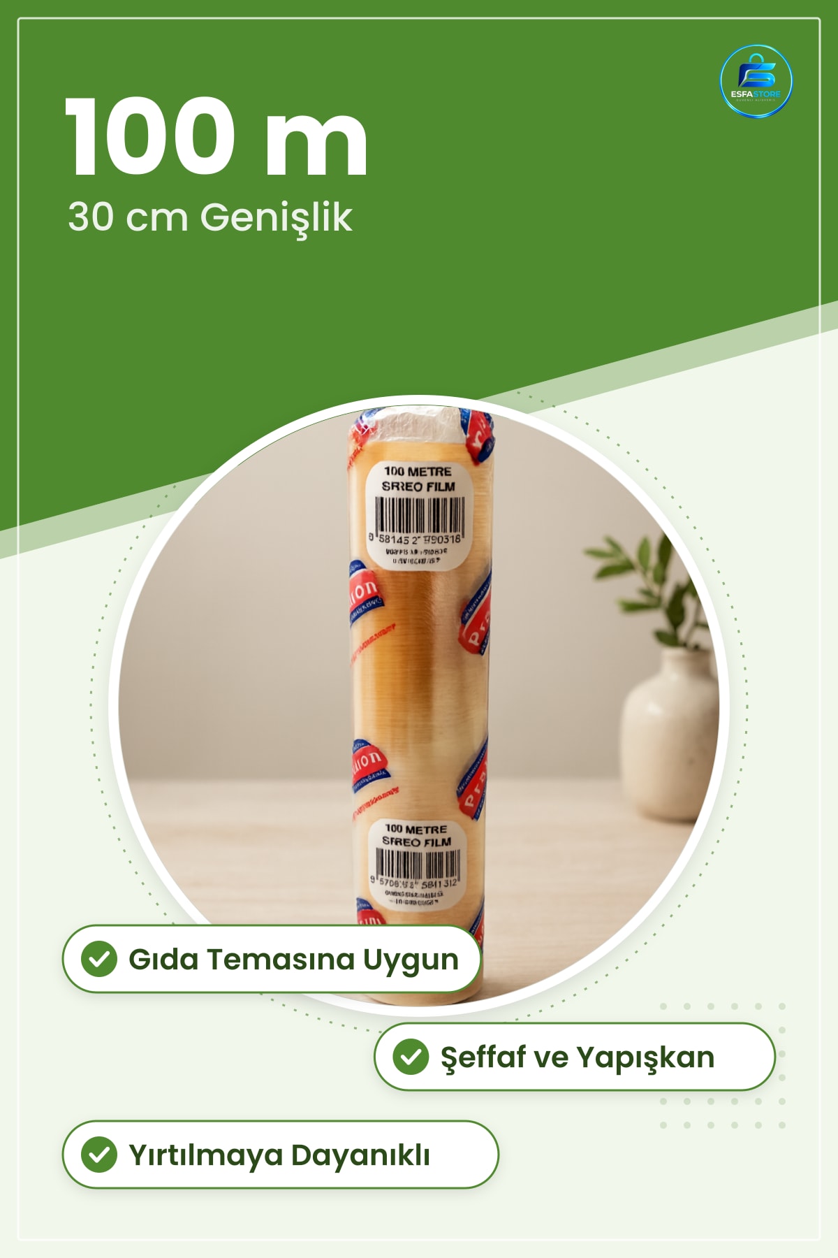 PVC Gıda Streç Film 30 cm x 100 m Mutfak Sarma Paketleme Şeffaf Ekonomik Rulo Taze Tutma