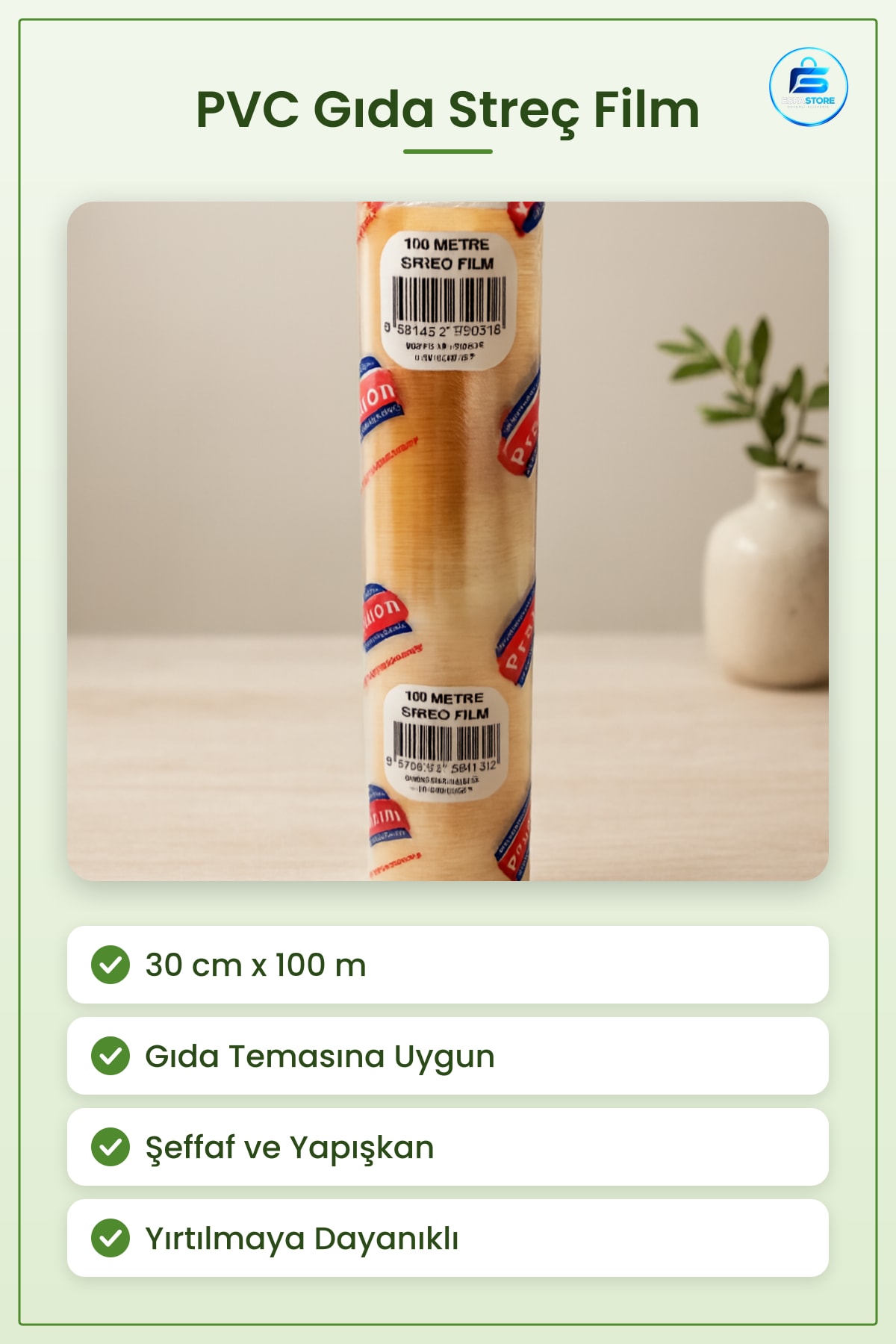 PVC Gıda Streç Film 30 cm x 100 m Mutfak Sarma Paketleme Şeffaf Ekonomik Rulo Taze Tutma