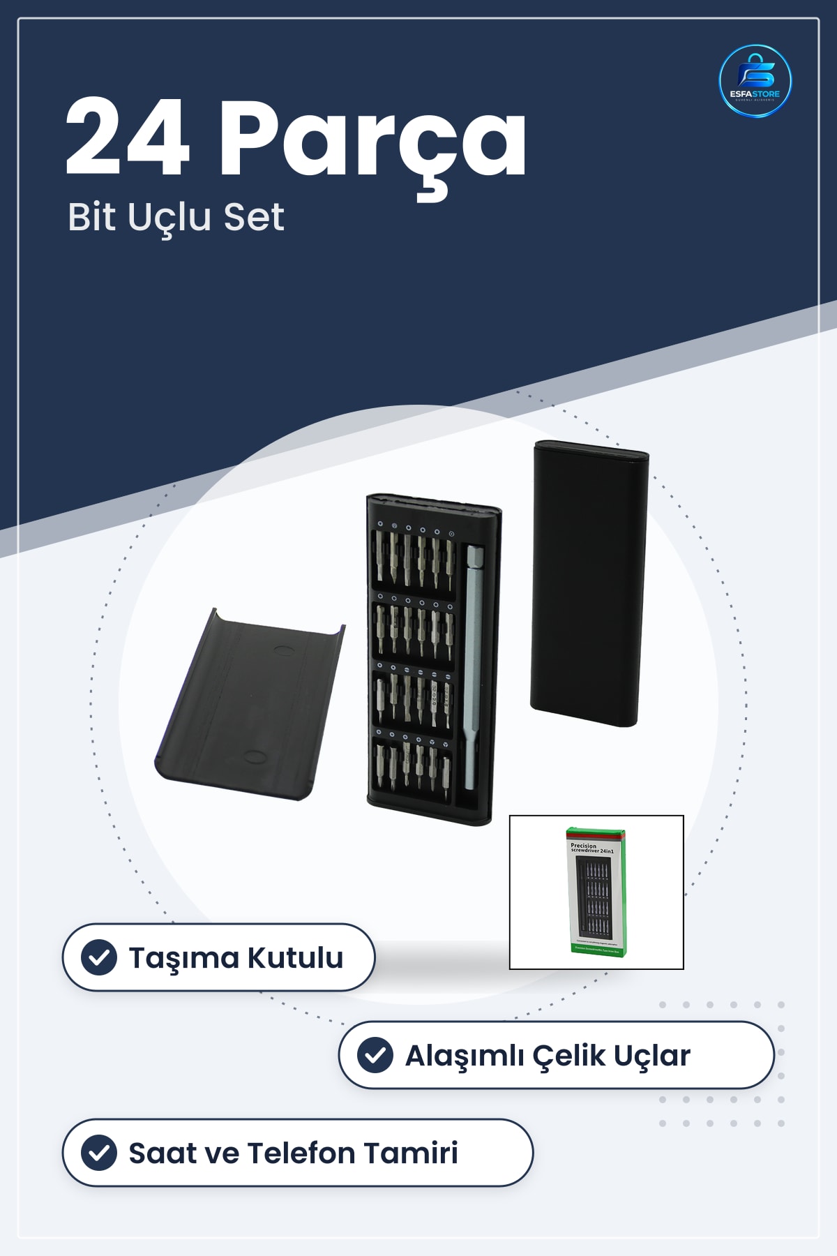 Tornavida Seti 24 Parça Hassas Saat ve Telefon Tamir Bit Uçlu Taşıma Kutulu Alaşımlı Çelik