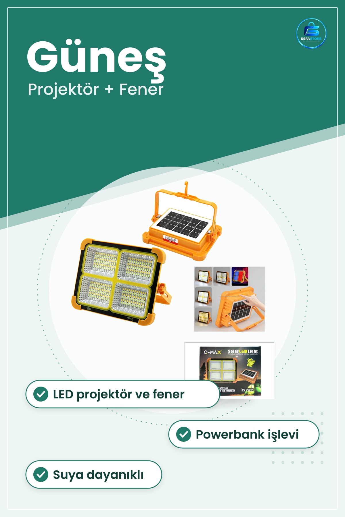 Kamp Lambaı Güneş Enerjili LED Projektör Fener Powerbank Taşınabilir Suya Dayanıklı Dış Mekan
