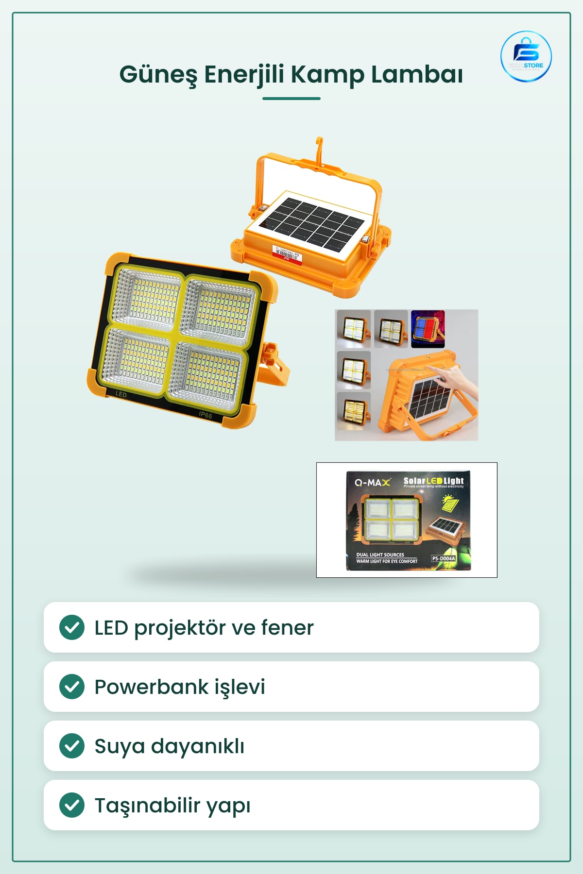 Kamp Lambaı Güneş Enerjili LED Projektör Fener Powerbank Taşınabilir Suya Dayanıklı Dış Mekan