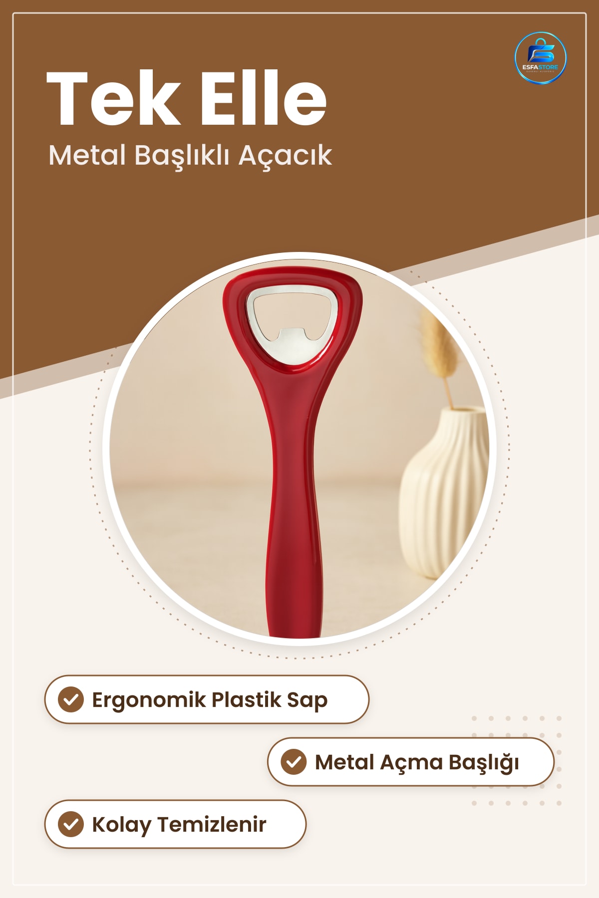 Şişe Açacağı Plastik Saplı Metal Başlıklı Ergonomik Tek Elle Kullanım Kapak Açma Mutfak Aleti