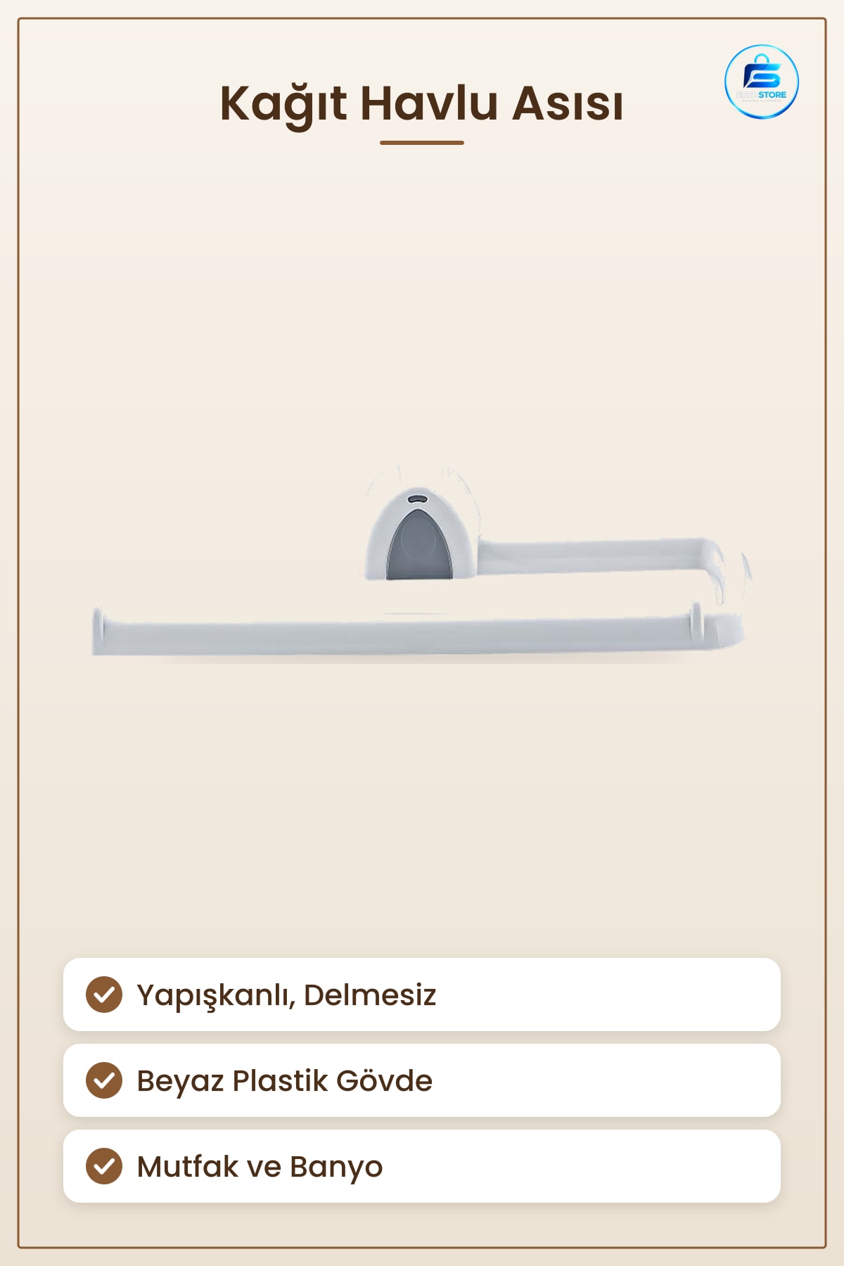 Kağıt Havlu Askısı Yapışkanlı Duvara Monte Beyaz Plastik Mutfak Düzenleyici Delmesiz Rulo Tutucu