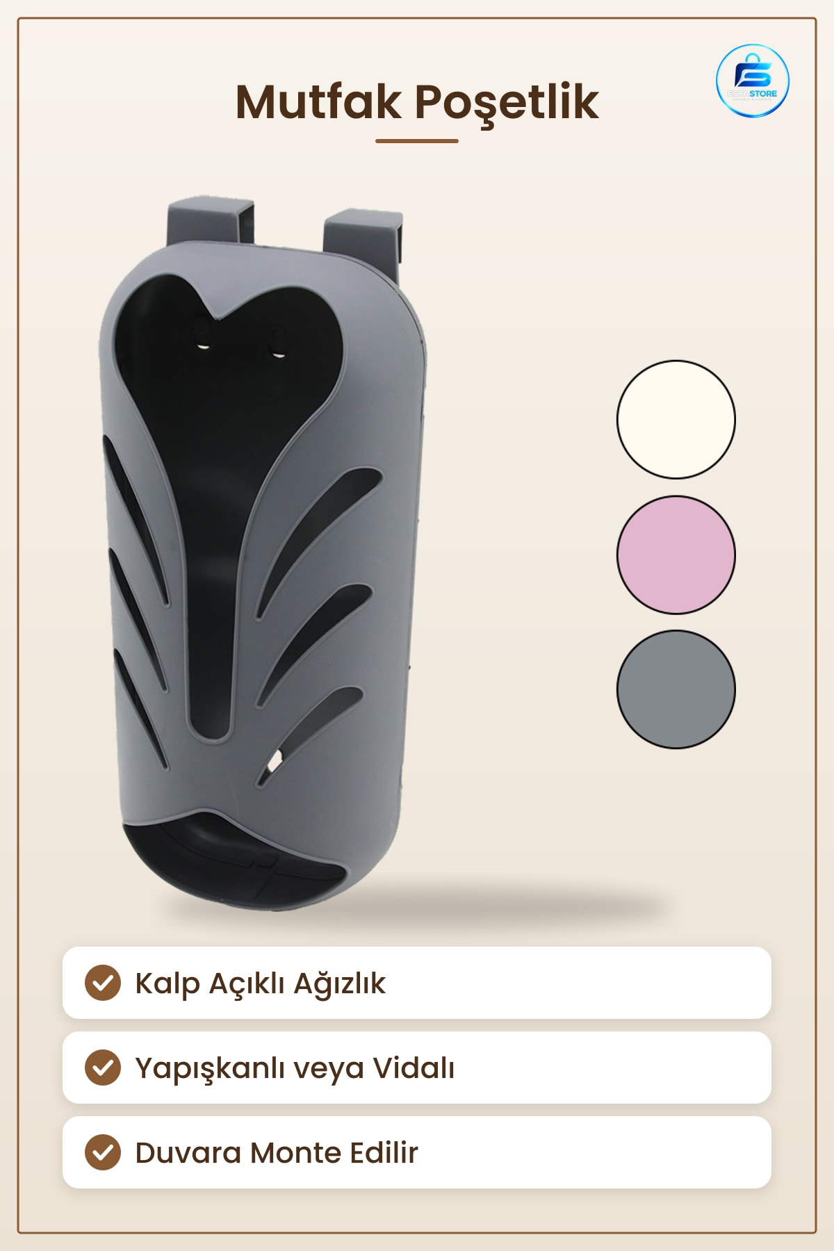 Plastik Poşetlik Kalp Açıklı Yapışkanlı ve Vidalı Montaj Mutfak Çöp Poşeti Düzenleyici Duvar