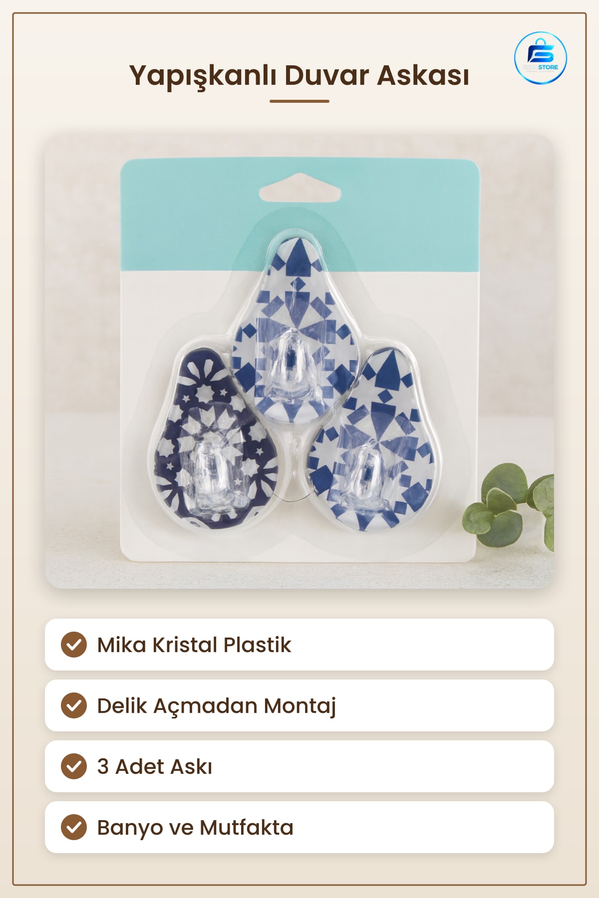 Yapışkanlı Mika Kristal Plastik Duvar Askısı Delik Açmadan Banyo Mutfak Koridor Kullanımı