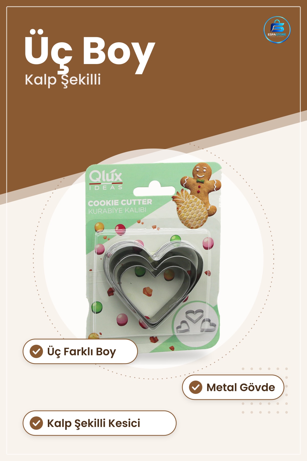 Metal Kurabiye Kalıbı Kalp Şekilli Üç Boy Kesici Kek Fırın Pişirme Mutfak Hamur İşleri