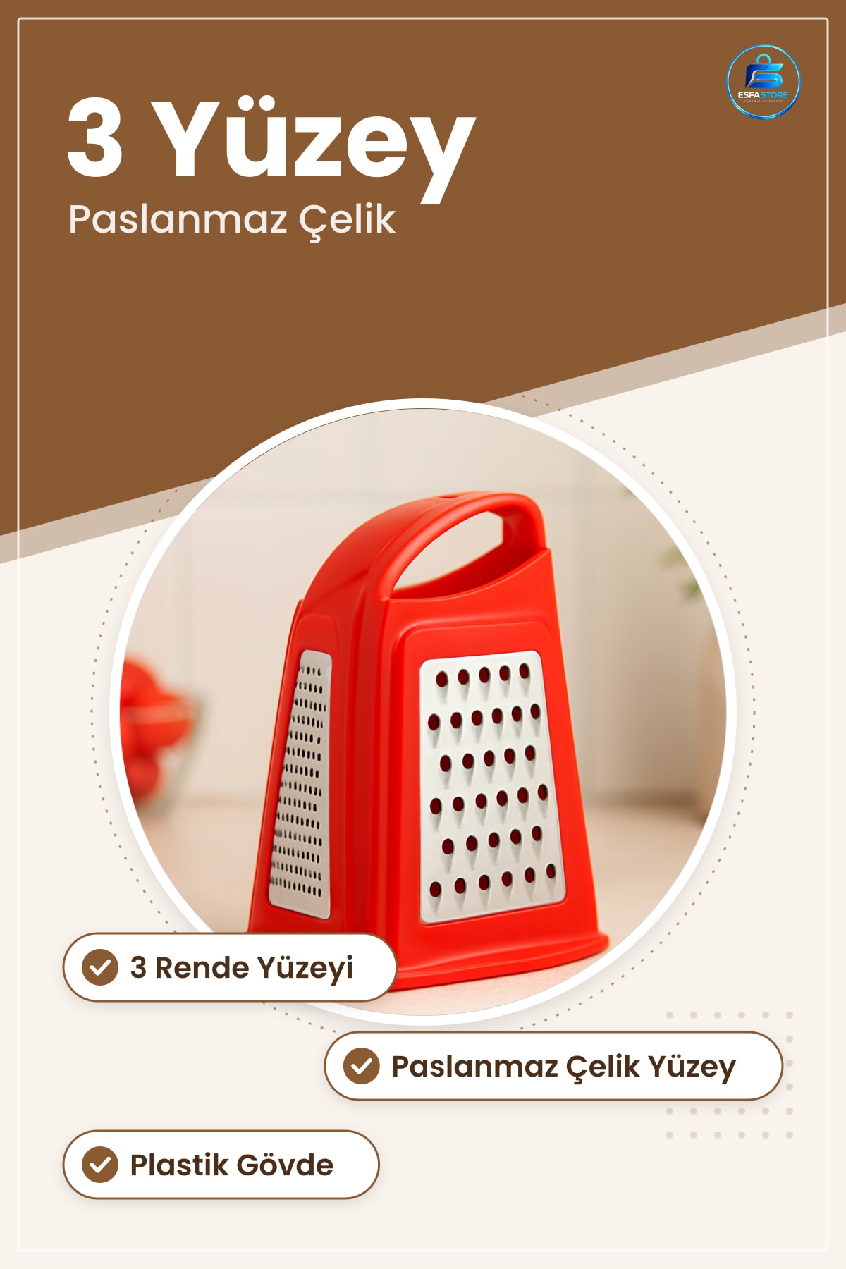 Rende Trio Piramit Mutfak 20 cm Plastik Gövdeli Paslanmaz 3 Yüzeyli Peynir Sebze Meyve Baharat