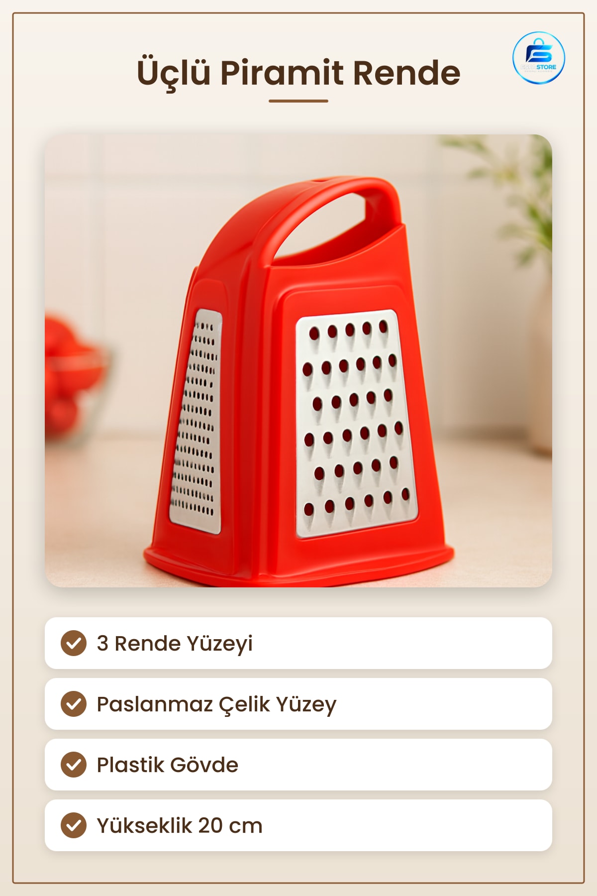 Rende Trio Piramit Mutfak 20 cm Plastik Gövdeli Paslanmaz 3 Yüzeyli Peynir Sebze Meyve Baharat