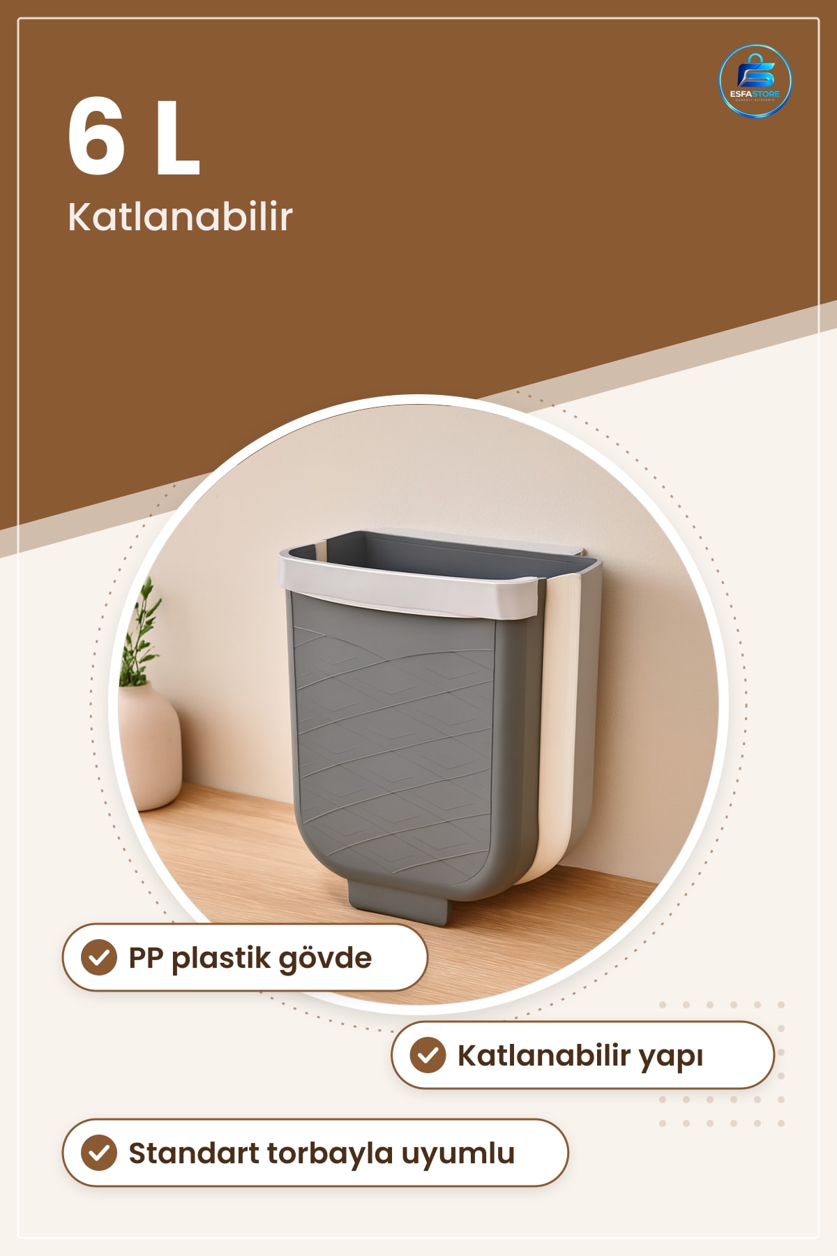 Katlanabilir Mutfak Çöp Kovası 6L Gri Tezgah Üstü Dolap İçi Kompakt Atık Kutusu PP Plastik