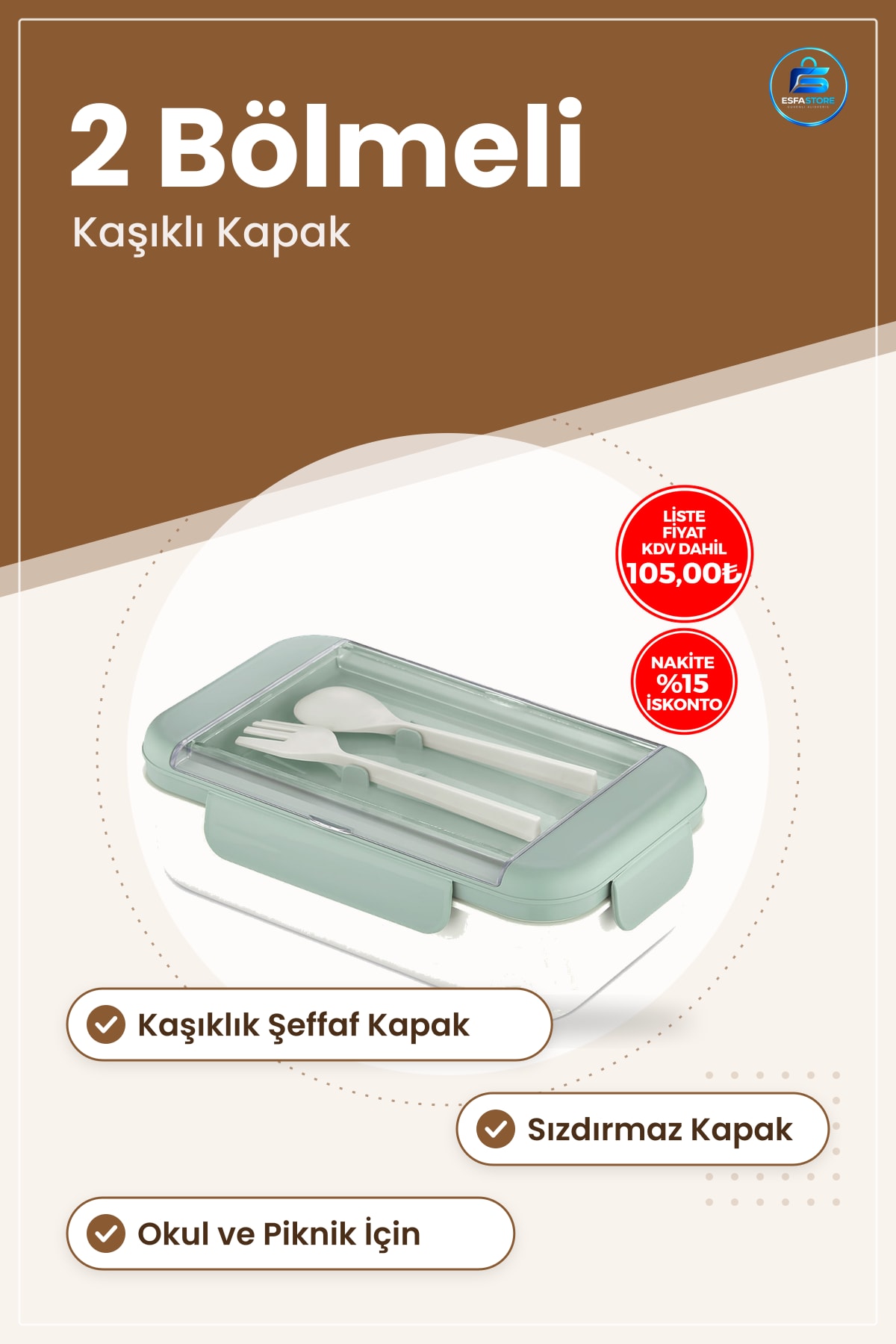 Saklama Kabı 2 Bölmeli Beslenme Şeffaf Kaşıklıklı Kapak Sızdırmaz Okul ve Piknik İçin Taşınabilir