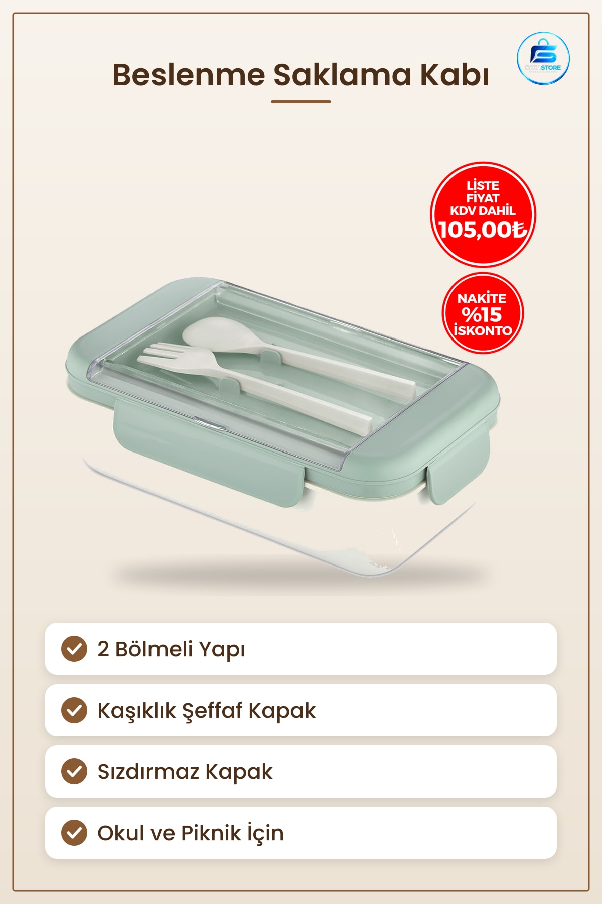 Saklama Kabı 2 Bölmeli Beslenme Şeffaf Kaşıklıklı Kapak Sızdırmaz Okul ve Piknik İçin Taşınabilir
