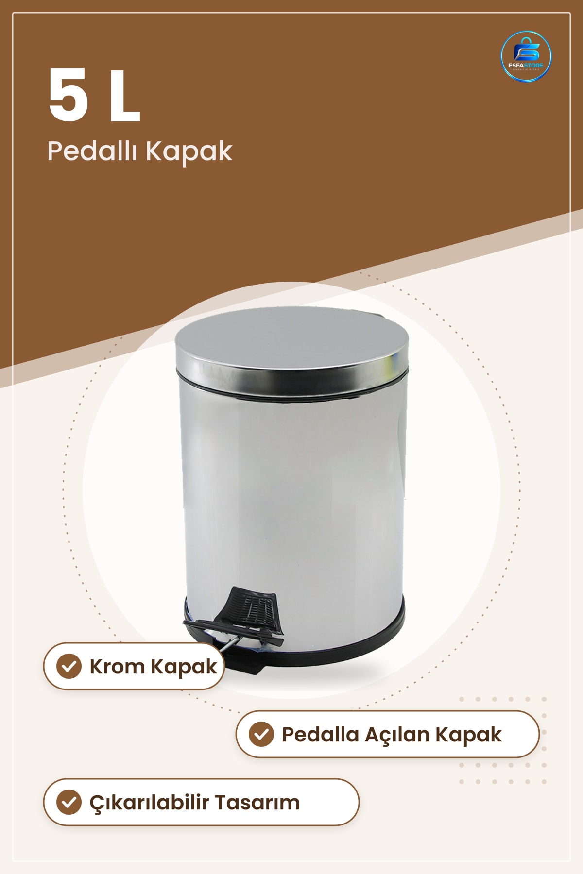 5 L Pedallı Çöp Kovası Krom Kapak 20.5 x 27.3 cm Mutfak Banyo Ofis İçin Hijyenik Hafif Yapılı