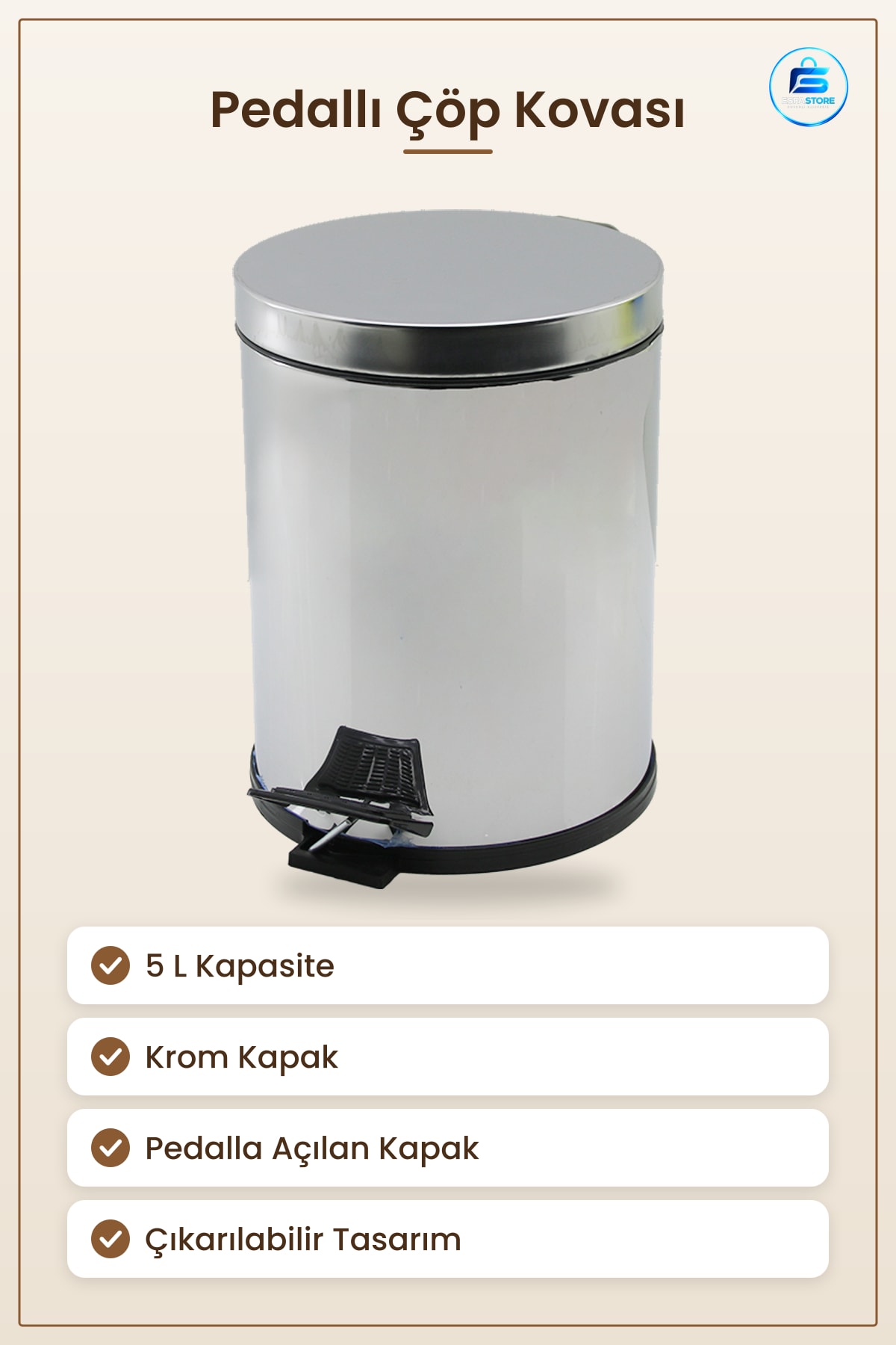 5 L Pedallı Çöp Kovası Krom Kapak 20.5 x 27.3 cm Mutfak Banyo Ofis İçin Hijyenik Hafif Yapılı