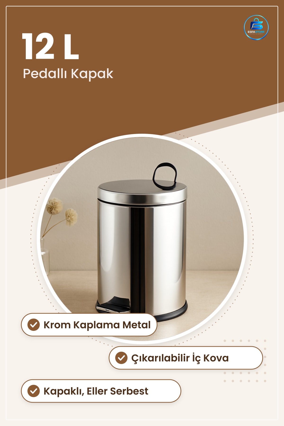 Pedallı Çöp Kovası 12 L Krom Metal 24.5 x 35.5 cm Kapaklı Mutfak Banyo Ofis Pratik Hijyenik