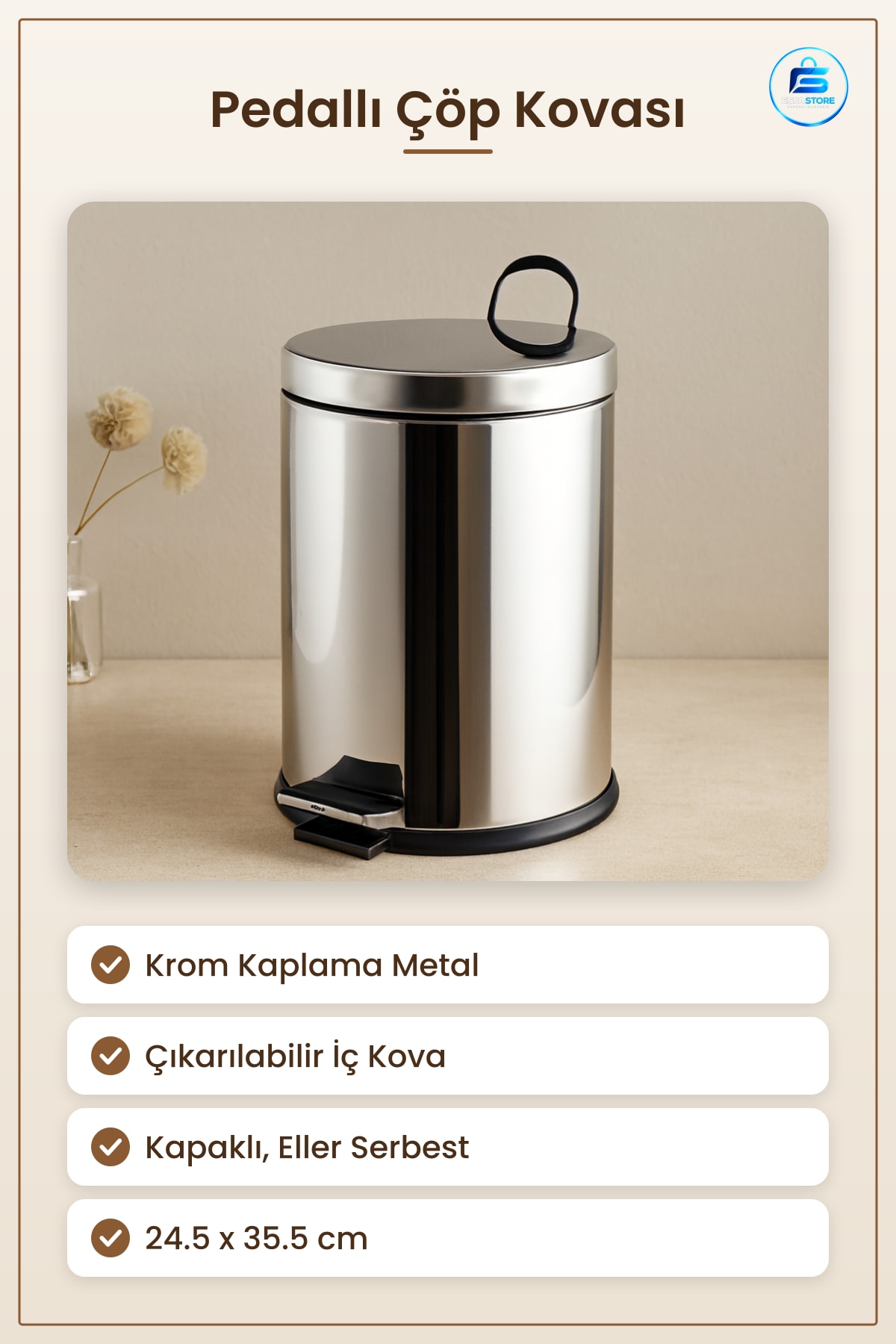 Pedallı Çöp Kovası 12 L Krom Metal 24.5 x 35.5 cm Kapaklı Mutfak Banyo Ofis Pratik Hijyenik