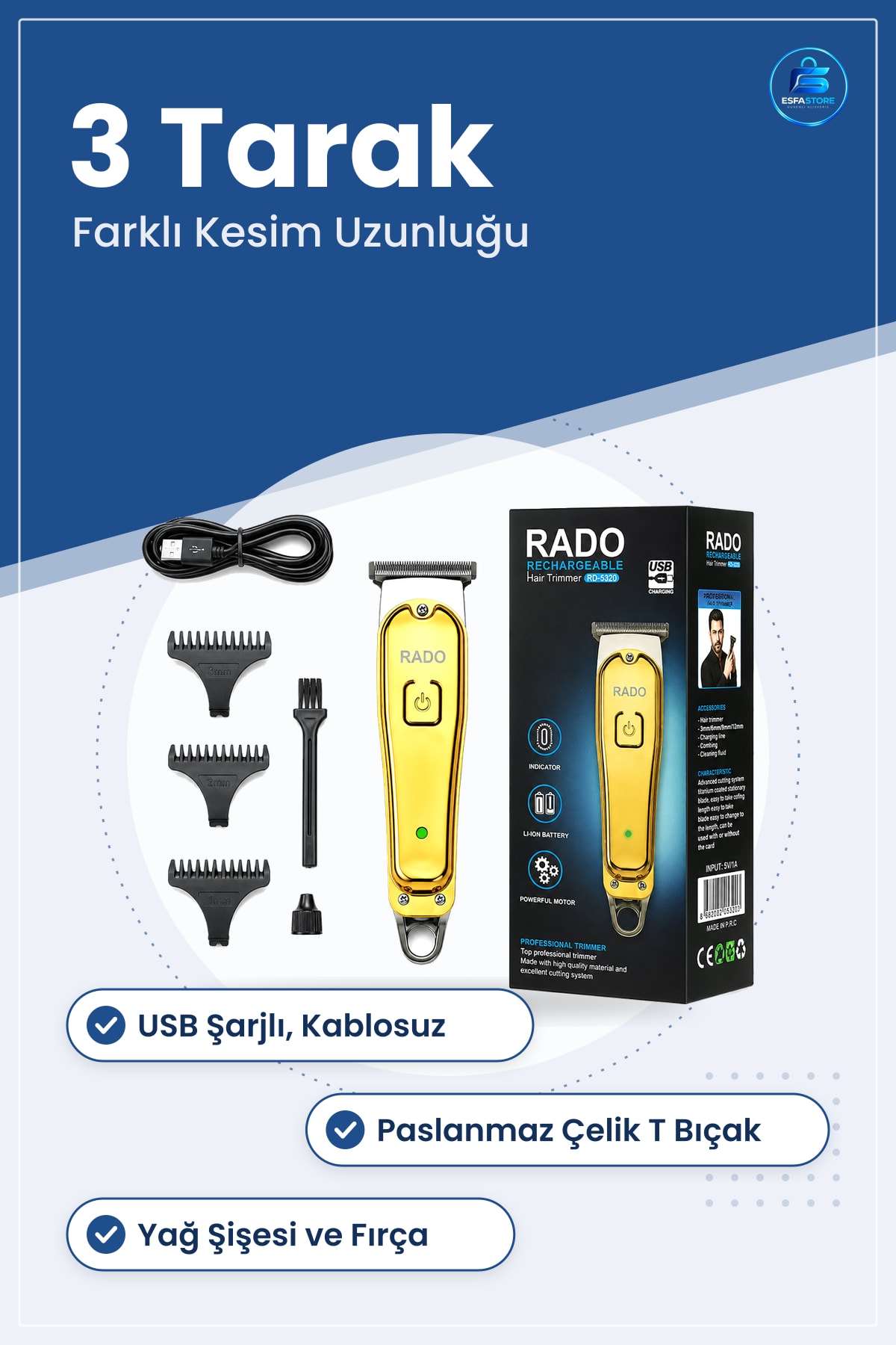 Saç Sakal Kesme Makinesi USB Şarjlı T Bu00ffıçak Metal Kaplama 3 Tarak Kablosuz Kişisel Bakım