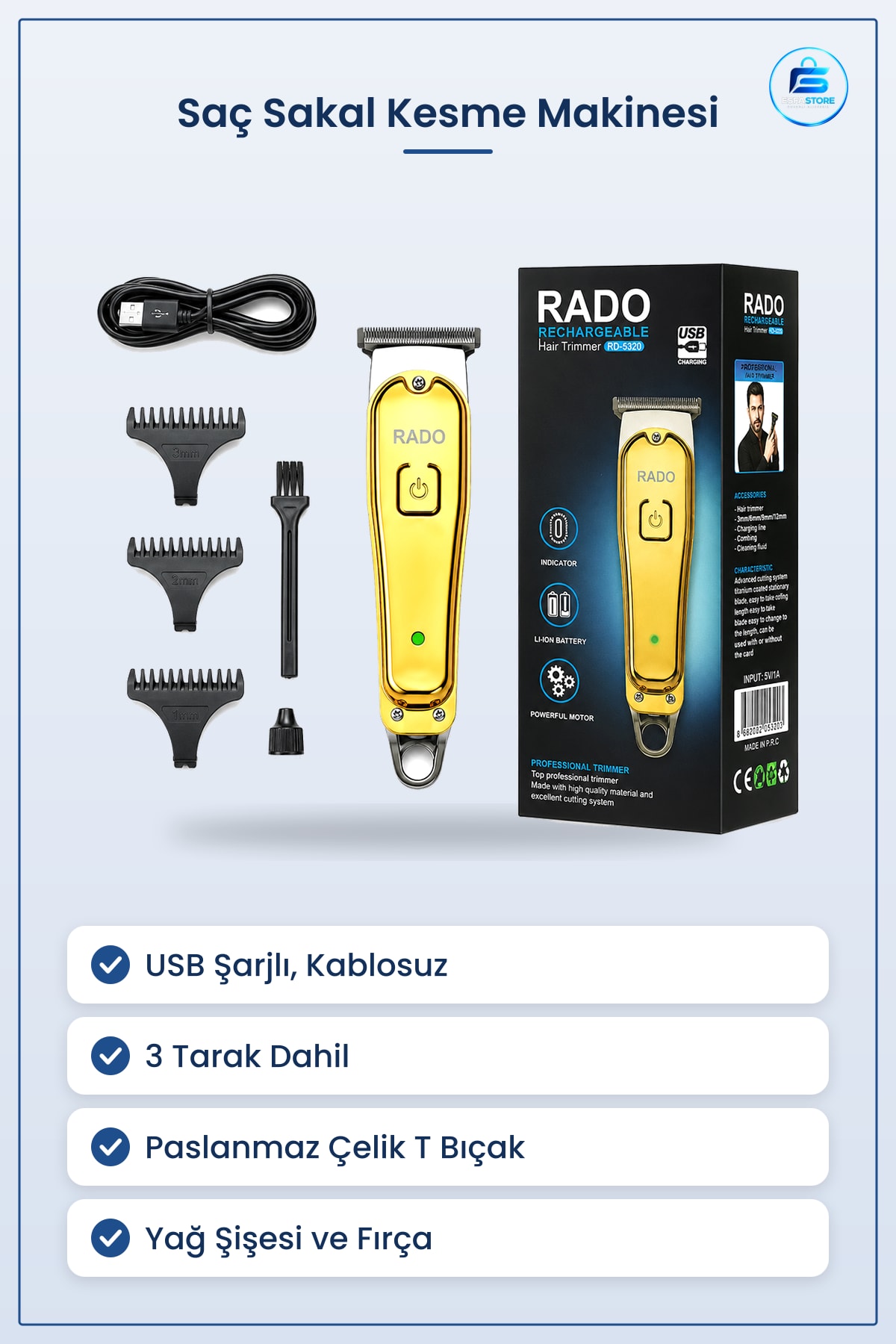 Saç Sakal Kesme Makinesi USB Şarjlı T Bu00ffıçak Metal Kaplama 3 Tarak Kablosuz Kişisel Bakım