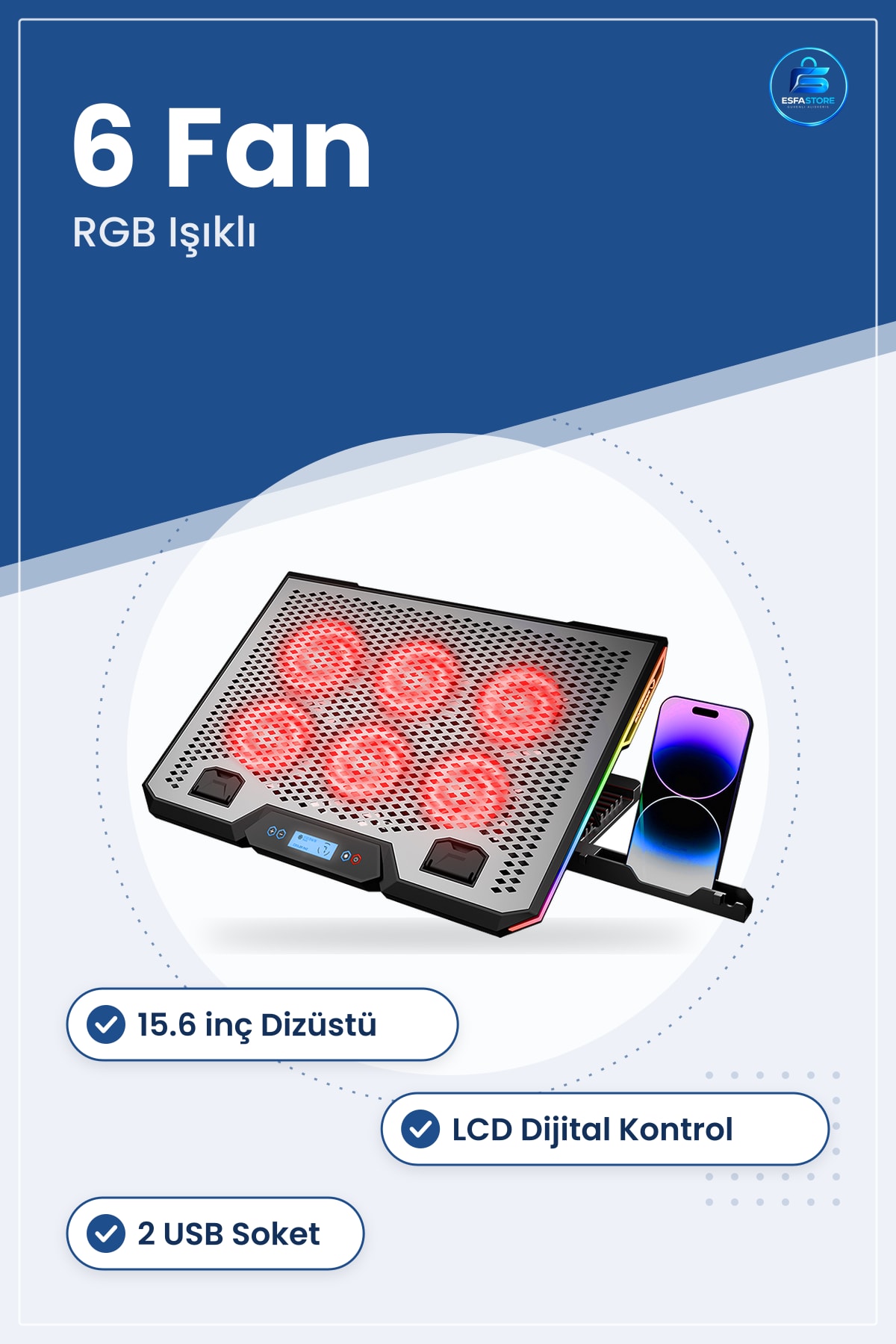 Laptop Soğutucu 15.6 inç Dizsüstü 6 Fan RGB Işıklı LCD Dijital Kontrol 2 USB Ayarlı Eim Oyun Ofis