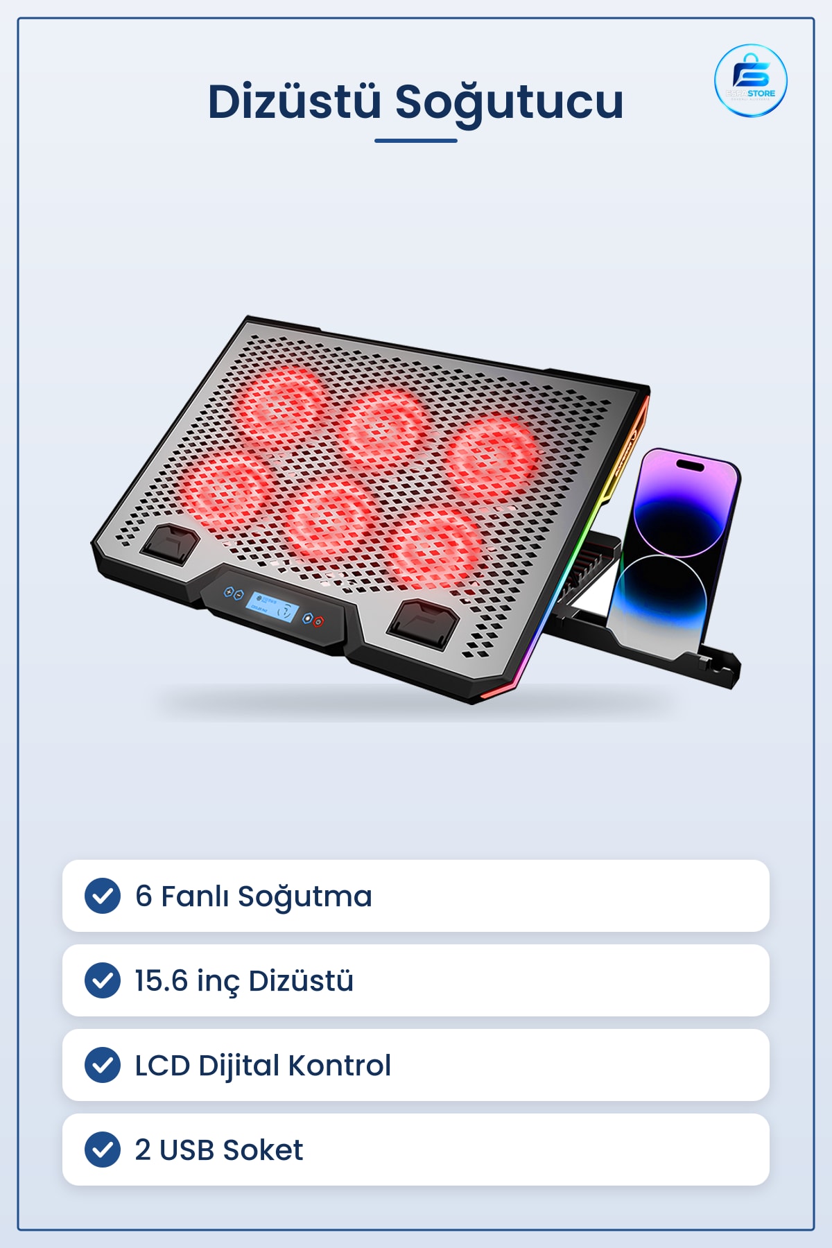Laptop Soğutucu 15.6 inç Dizsüstü 6 Fan RGB Işıklı LCD Dijital Kontrol 2 USB Ayarlı Eim Oyun Ofis