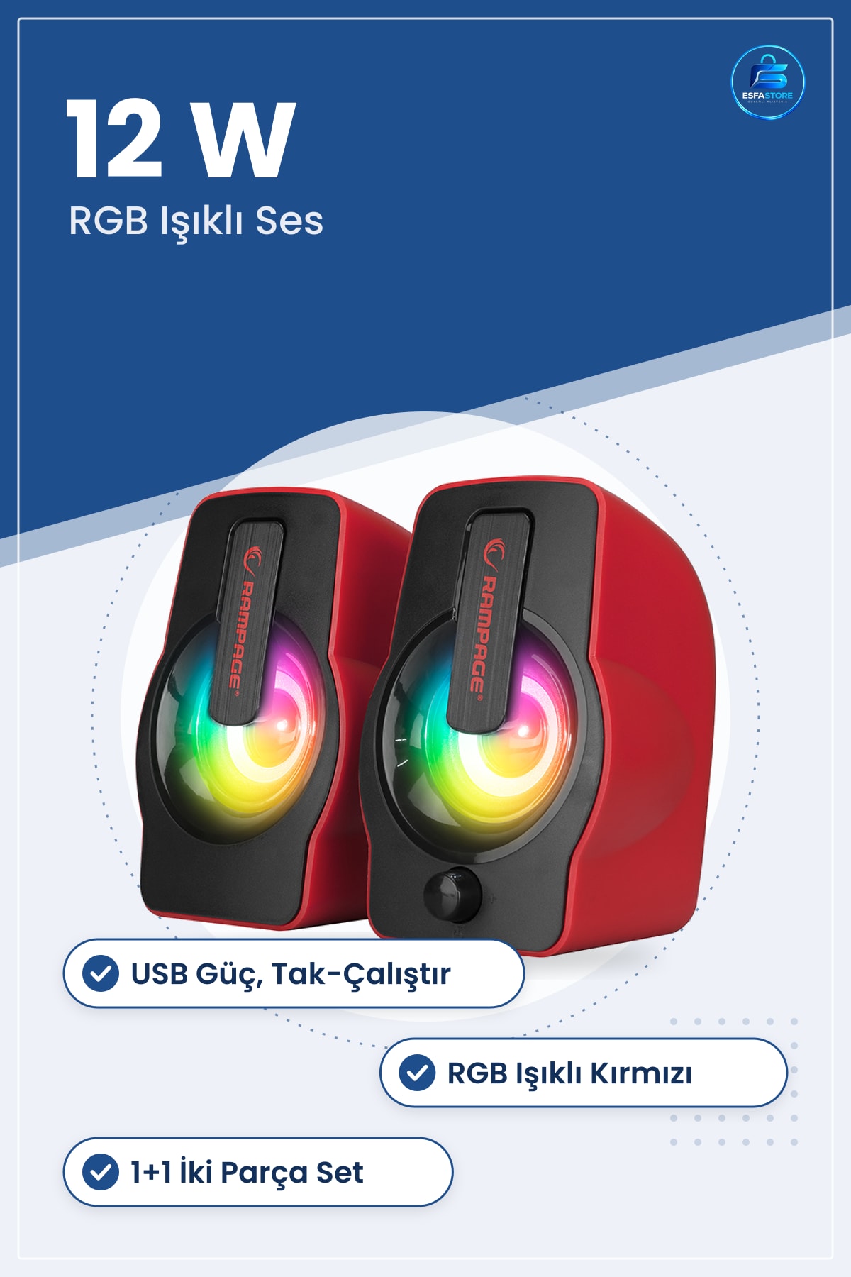 Hoparlör Seti 2.0 USB RGB Işıklı Kırmızı Multimedya 12W Bilgisayar Laptop Masaüstü