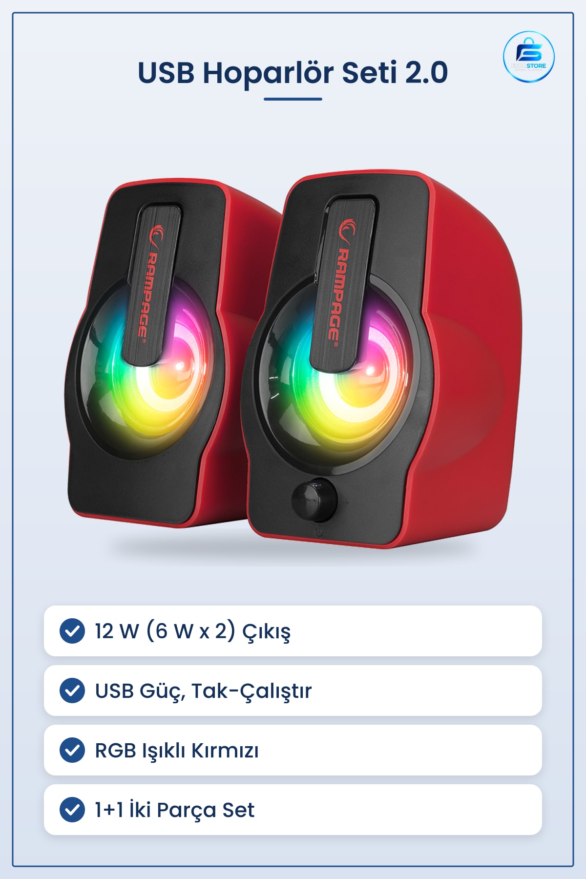 Hoparlör Seti 2.0 USB RGB Işıklı Kırmızı Multimedya 12W Bilgisayar Laptop Masaüstü