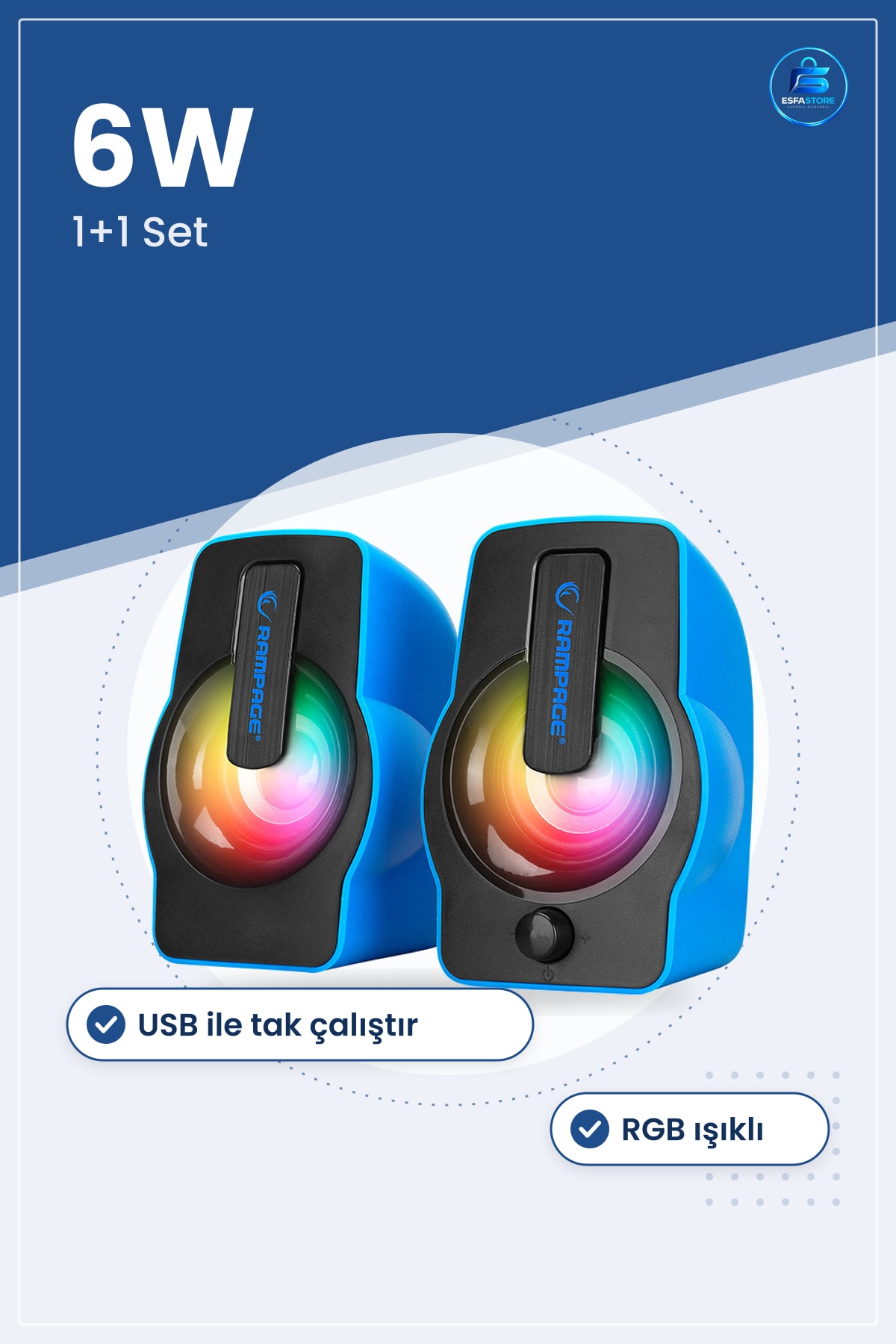 Kablolu Hoparlör Seti 1+1 6W USB RGB Işıklı Multimedya Bilgisayar Masaüstü Ses Sistemi Oyun