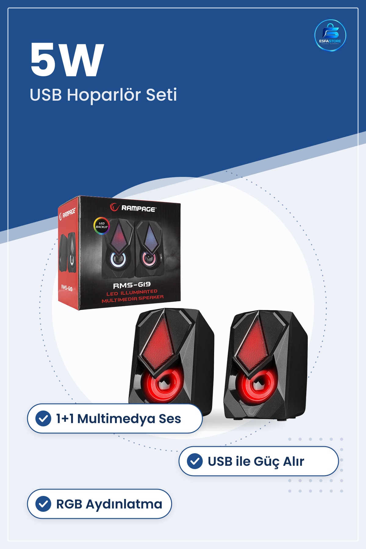 Kablolu Hoparlör USB 2.0 1+1 RGB Multimedya Ses Seti Siyah 5W Bilgisayar Laptop Oyun Masaüstü