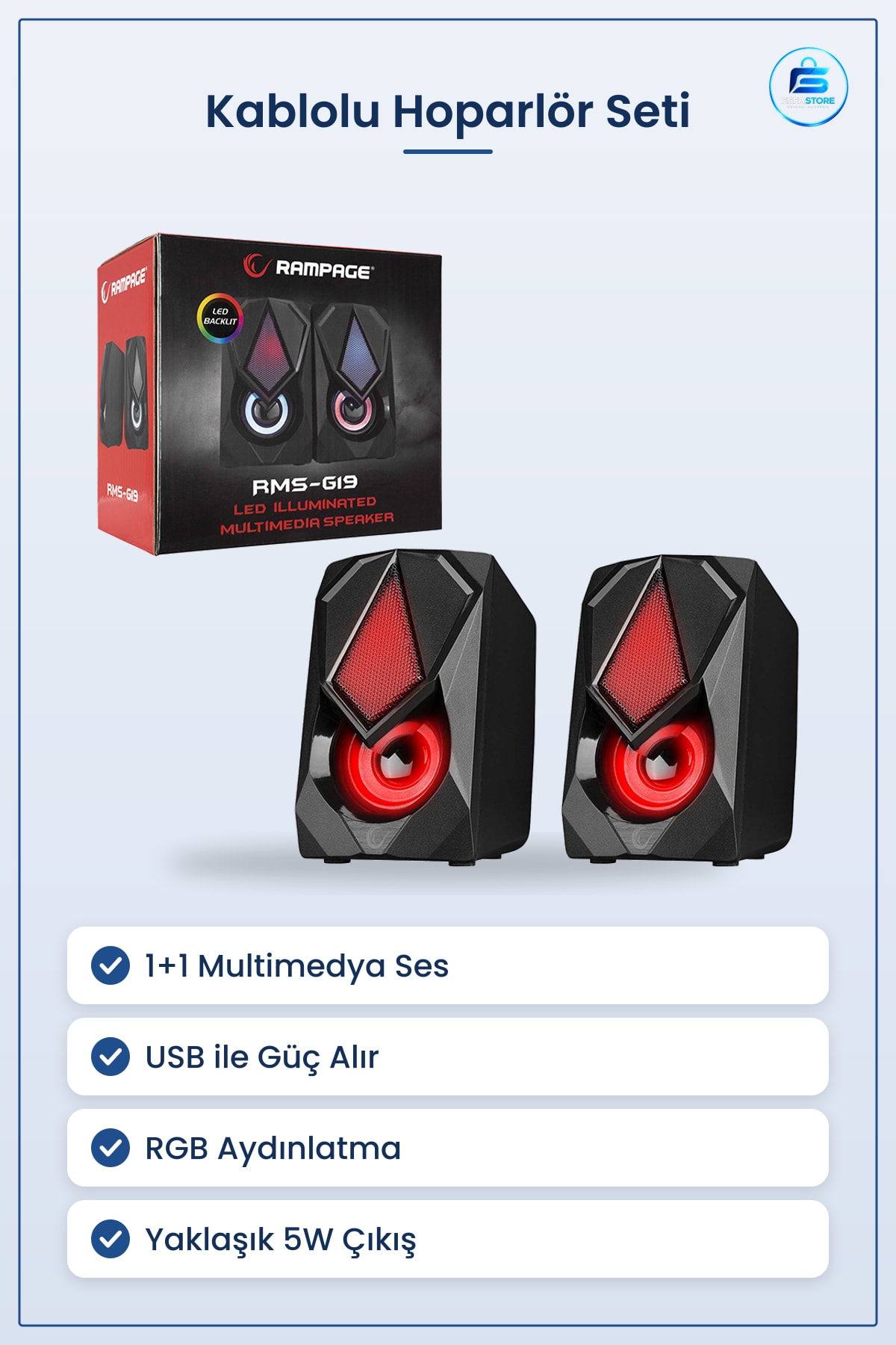 Kablolu Hoparlör USB 2.0 1+1 RGB Multimedya Ses Seti Siyah 5W Bilgisayar Laptop Oyun Masaüstü