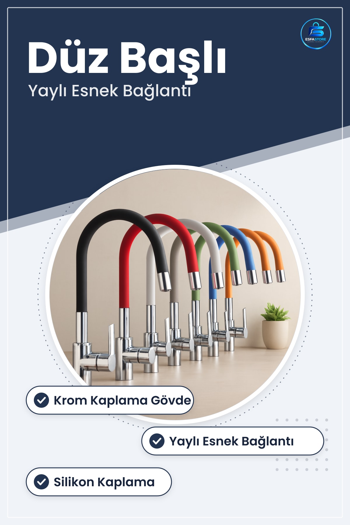 Mutfak Batarya Ucu Düz Başlı Krom Silikon Kaplamalı Yaylı Musluk Başlığı Esnek Bağlantı